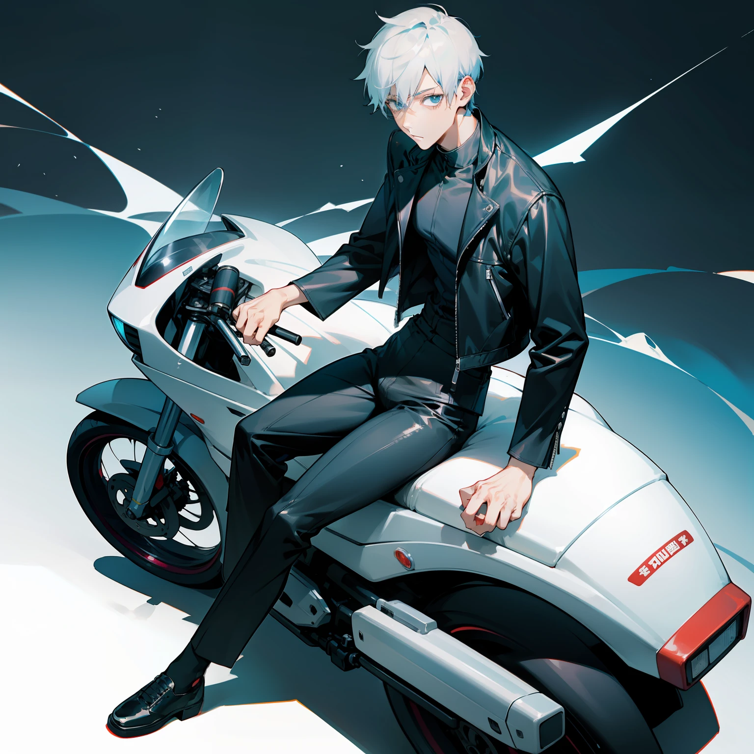 1 men, gojo satoru from jujutsu kaisen, handsome, white short hair, crystal blue eyes, wear a motorcycle leather jacket, black pants, sitting on a black sports motorbike