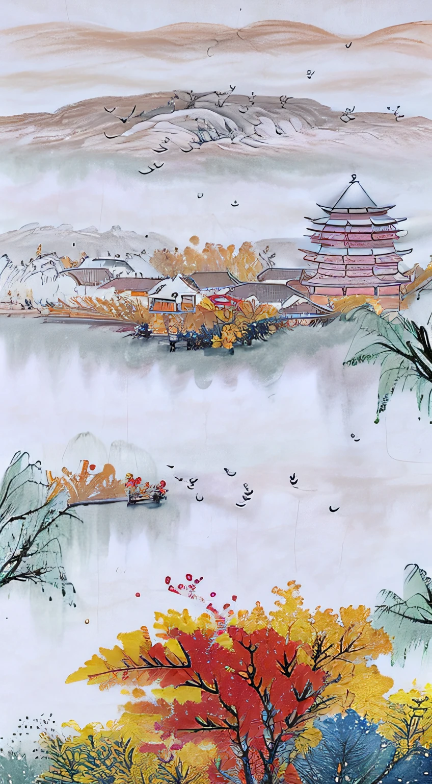 ((materpiece)), ((best quality)), ((high-res)), ((Ink wash)),  ((artist)), ((extremly details)), a chiniese tower, autumn, golden trees, autumn_leaves, birds chinese painting, leaf, maple_leaf, mountain, lake, mountainous_horizon, no_humans, outdoors, scenery, sky, sunset, tree, zulishisong_style_willow_tree, blurred distant scenery,