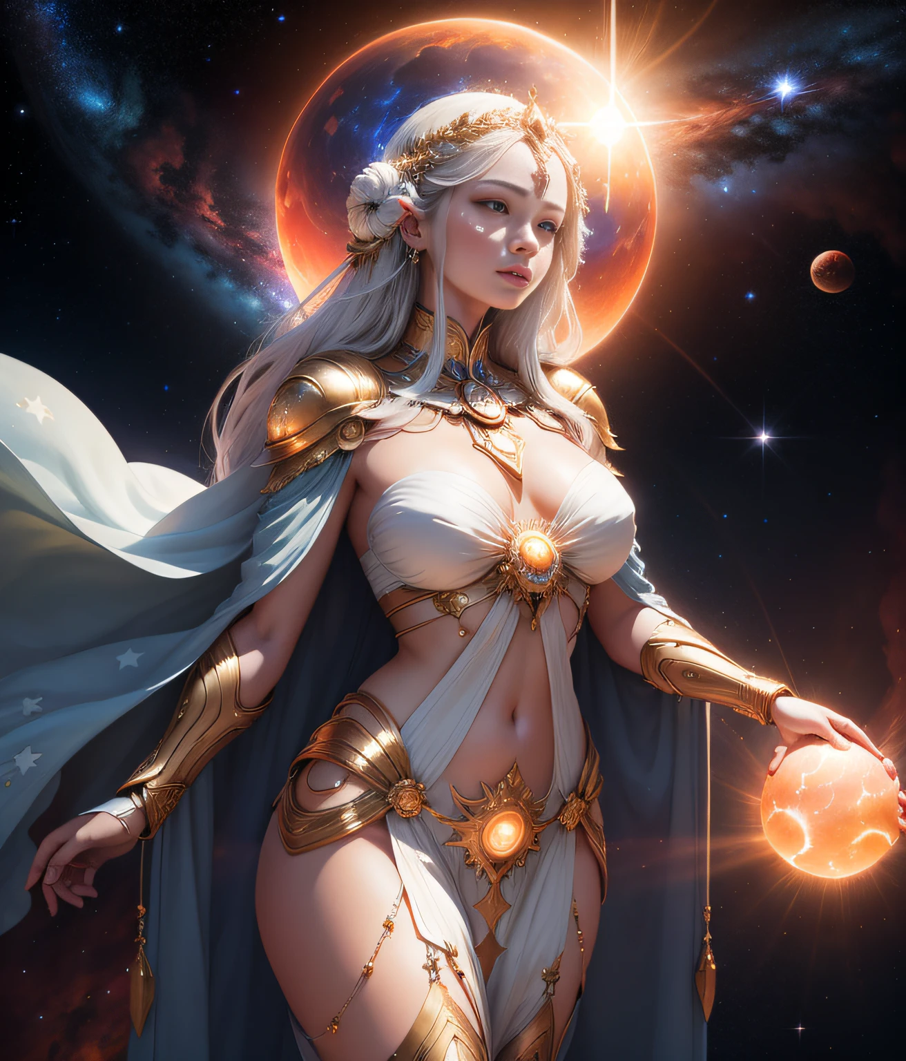 a goddess-like beautiful being is holding a brightly glowing sun at her hands in space there are nebulas and stars at the scene, the character is almost transparent and has bright white glowing eyes, artstation masterpiece, space, planets, stars, sun, solar flares, realistic