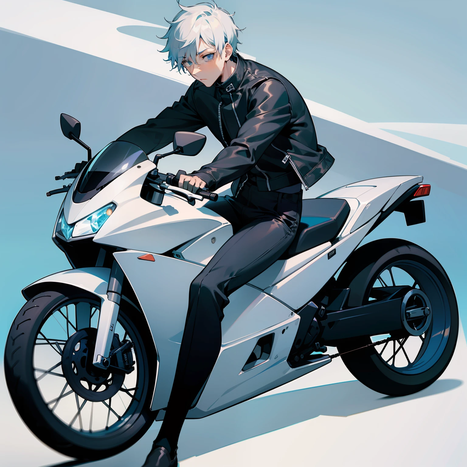 1 men, gojo satoru from jujutsu kaisen, handsome, white short hair, crystal blue eyes, wear a motorcycle leather jacket, black pants, sitting on a black sports motorbike