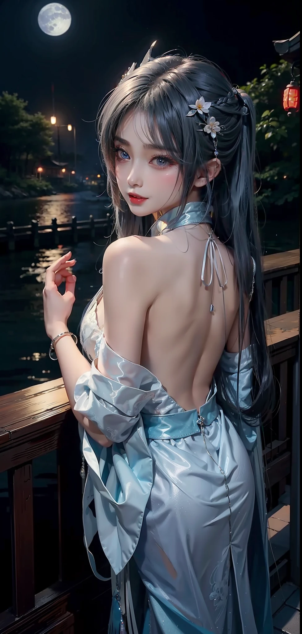 beautiful  Girl，Bare back，back Lighting，There is a Chinese dragon tattoo on the back，Silver bracelet，Long hair shawl，River side，the night，Moon，Big eyes close-up，Upper body photo
