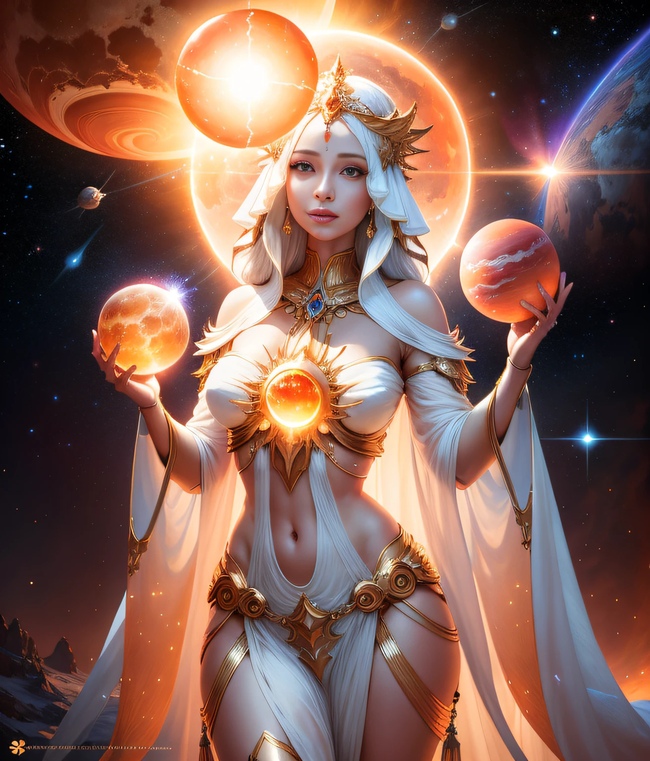 a goddess-like beautiful being is holding a brightly glowing sun at her hands in space there are nebulas and stars at the scene, the character is almost transparent and has bright white glowing eyes, artstation masterpiece, space, planets, stars, sun, solar flares, realistic