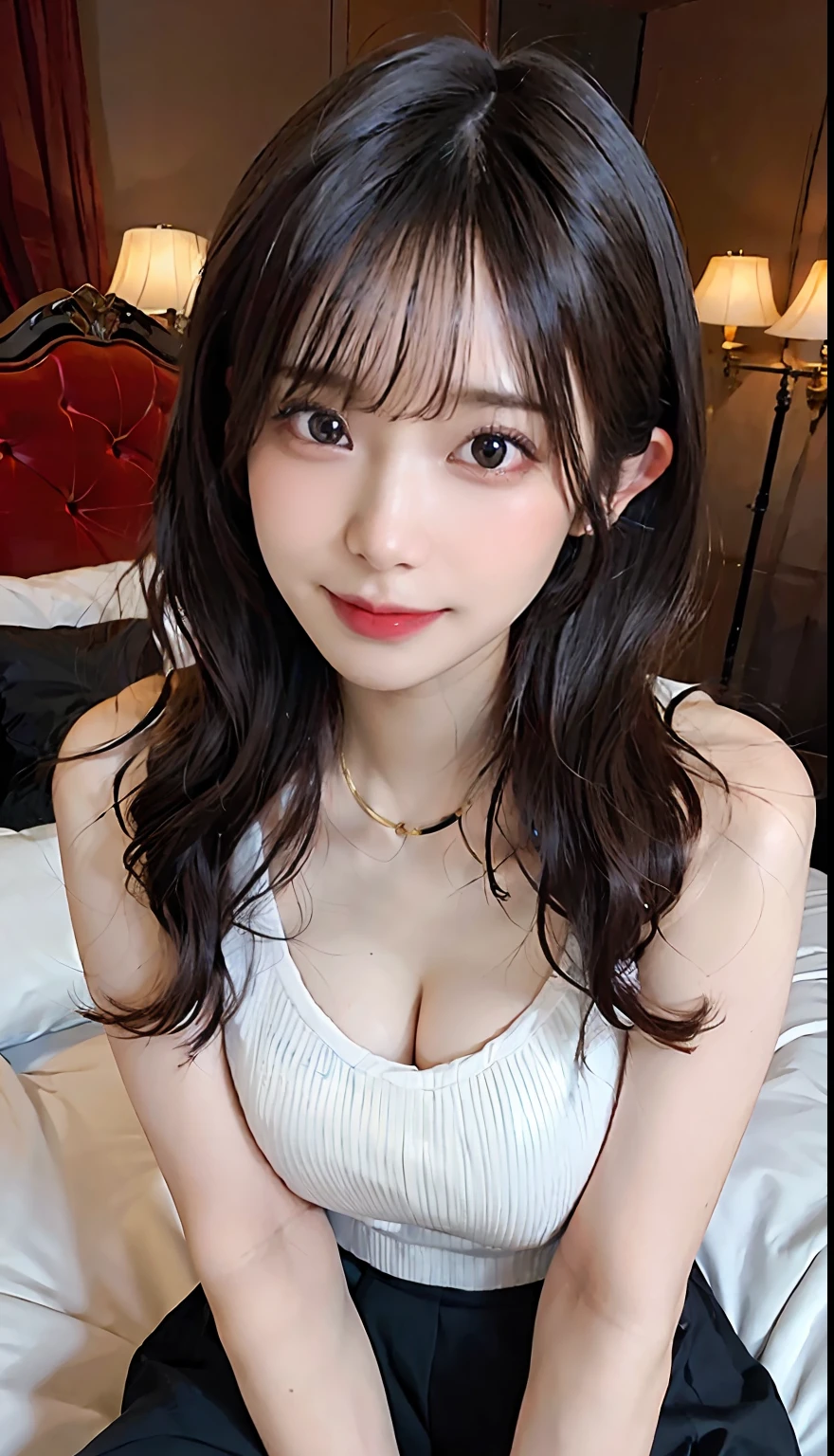 (8K, Raw photography,top-quality, hight resolution:1.1), (hyper realisitic:1.4),(realisitic, Photorealsitic:1.3), Soft light,Lifelike face,Realistic body,real looking skin,absurderes,masterpiece,large full breasts,Colossal tits,Valley,Sweaty cleavage,disheveled hair,In a dark room,Background on the bed,White T-shirt with wide open chest,With underwear removed,Natural smile,Pose with legs spread in the shape of M,Bring your chest closer and emphasize,Bust Size F,protruding papillae,long, dark hair
