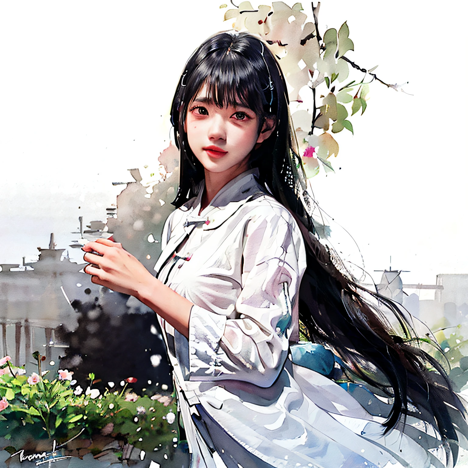 (upper body: 1.5),(white background:1.4), ((tachi-e)), original,(illustration:1.1),(best quality),(masterpiece:1.1),(extremely detailed CG unity 8k wallpaper:1.1), (colorful:0.9),(panorama shot:1.4),(full body:1.05),(solo:1.2), (ink splashing),(color splashing),((watercolor)), clear sharp focus,{ 1girl standing },((chinese style )),flower background,outdoors,rocks, looking at viewer, make happy expressions,soft smile,pure,beautyfull detailed face and eyes,beautyfull intricacy clothing decorative pattern details, black hair,black eyes,colorwater:0.5
