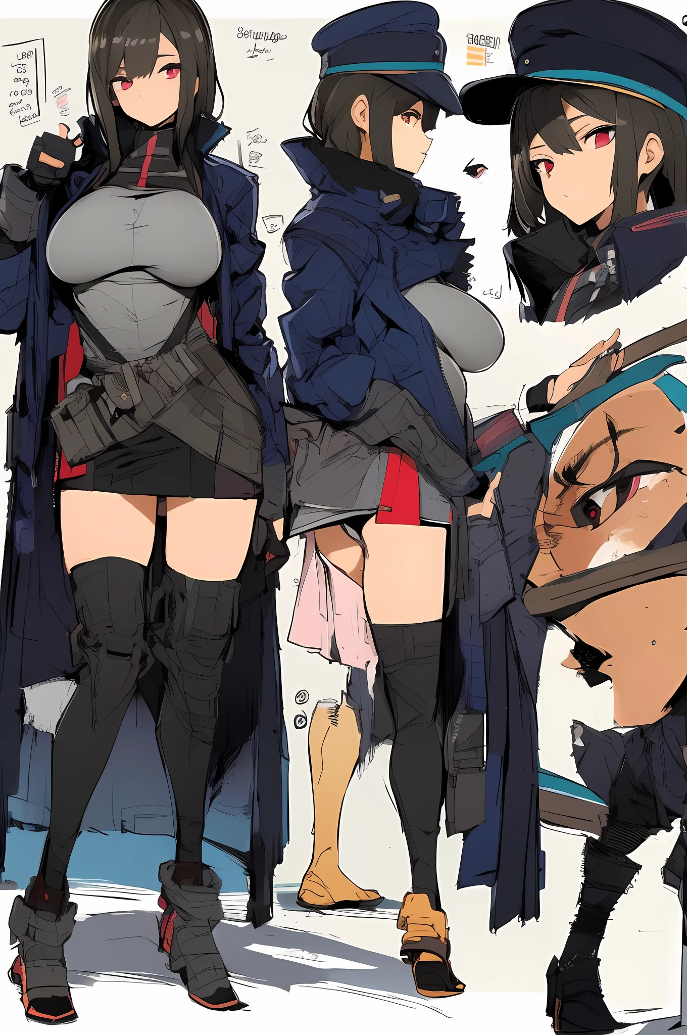 masterpiece, top-quality, high_resolution, fine detailed, highly detailed and beautiful, Distinct_image, 1 rapariga, 独奏, , A dark-haired, red eyes, (huge-breasted), (tits out),((German military uniform)),(Miniskirt),thighhigh,(German Hat),(blimp),sexy pose