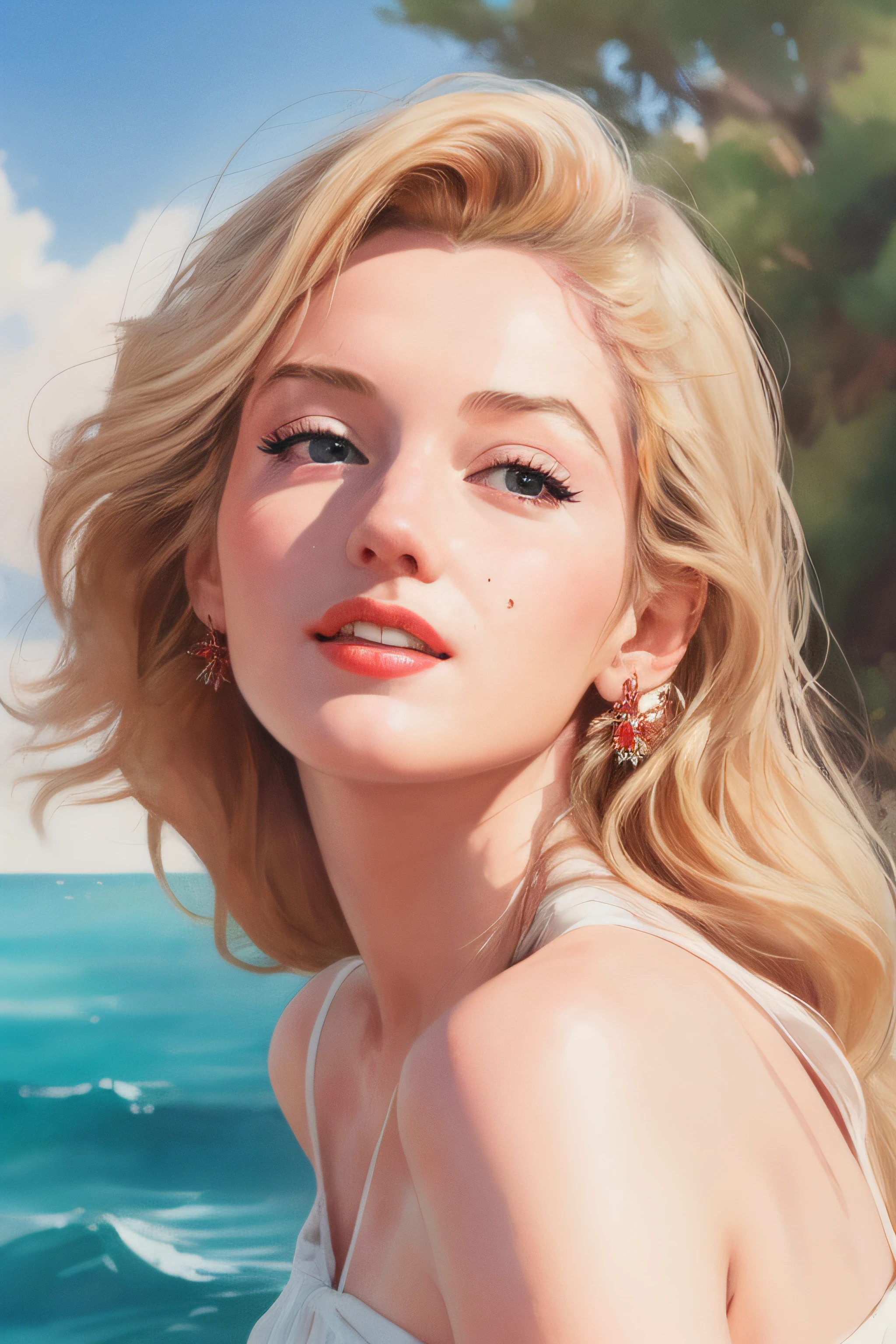 (masterpiece, realistic:1.4), (extremely intricate:1.2)>, close shot ,Marilyn Monroe portrait,(upper body:1.2), (( Detail in Face)), (( detail eyes)), (from front:1.3), 1970's dress, backless dress, (long dress:1.2), very long hair, breasts, bare shoulders, sky, ocean, water, looking at viewer, italian, head tilt, wind, cloud, sunlight, outdoor, 1girl, solo, BREAK, cinematic light, ultra high res, 8k uhd, film grain, perfect anatomy, exquisitely detailed skin, best shadow, delicate, RAW,highres,
