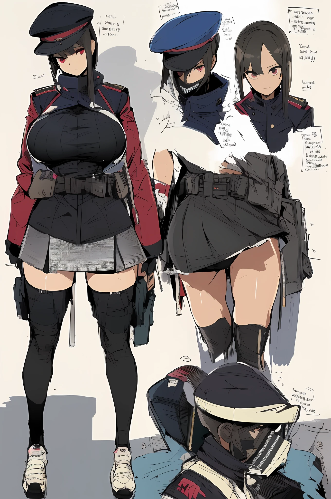 ​masterpiece, top-quality, high_resolution, fine detailed, highly detailed and beautiful, Distinct_image, 1 rapariga, 独奏, , A dark-haired, red eyes, (huge-breasted), (tits out),((German military uniform)),(Miniskirt),thighhigh,(German Hat),(blimp),sexy  pose