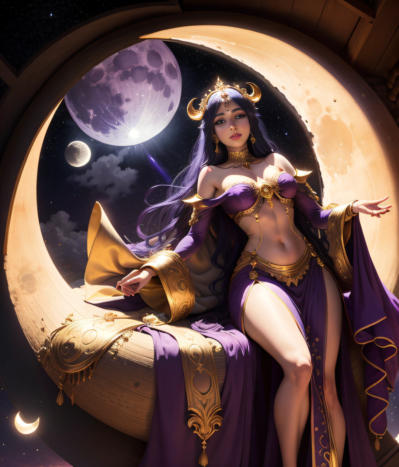 "Luna, the moon goddess, dons a resplendent purple gown as she delicately clutches a golden crescent, gazing upon Earth from her lunar abode."