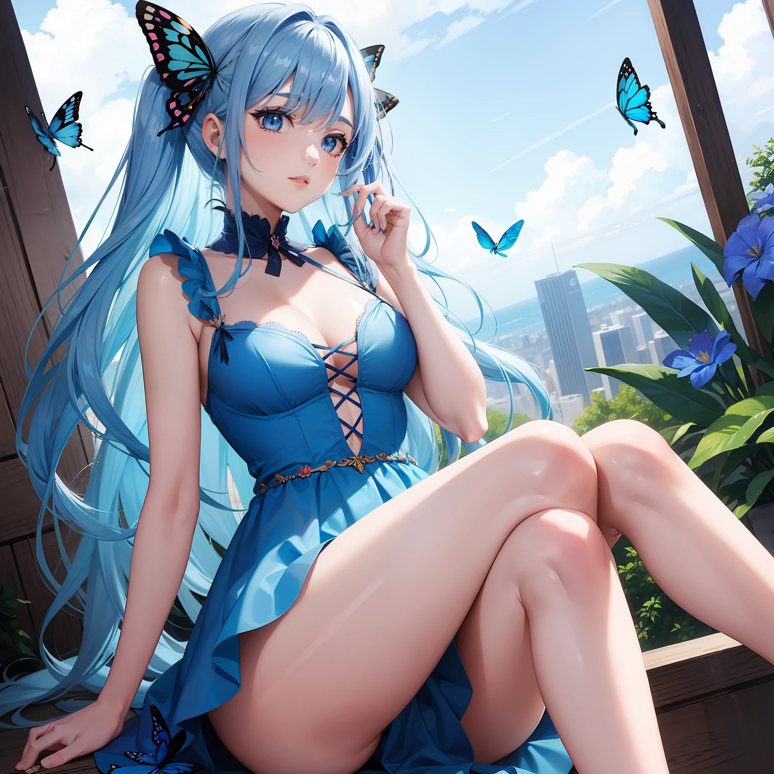 a women, blue butterfly, blue hair, pink eyes, blue dress