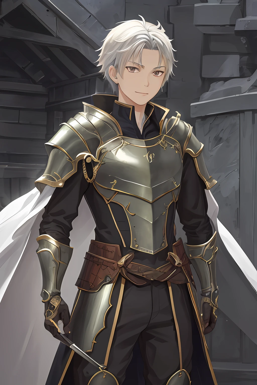 (1 Adult male),A high resolution, Sharp focus, Pixiv masterpiece, ((Complicated details)), highly detailed, natsuki_subaru, 1 man, ssmile,full bodyesbian, greene eyes(eyes glowing), with short white hair,Armour,cloaks,Shoulder armor,perspire,look from down