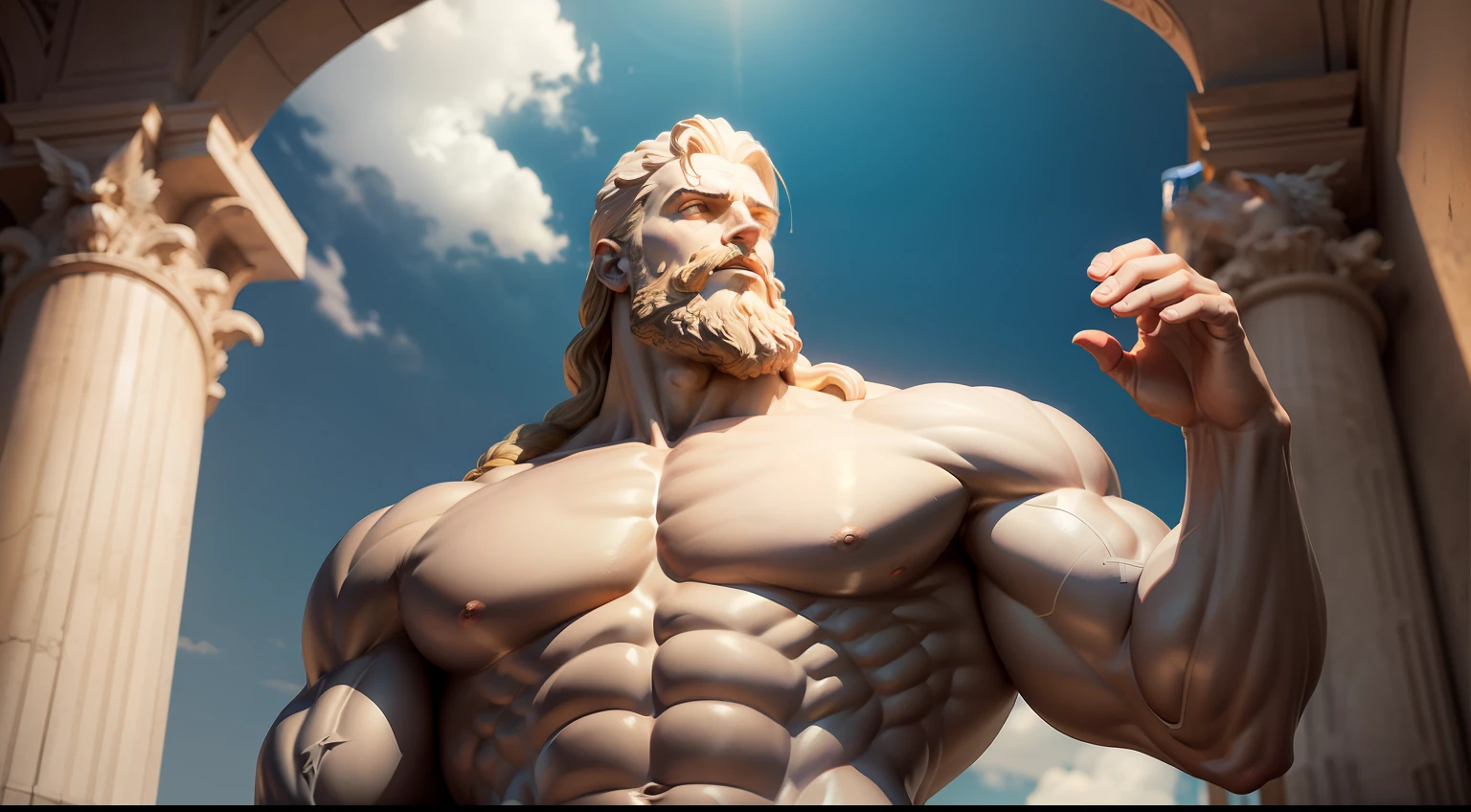 Muscular statue of Zeus looking up