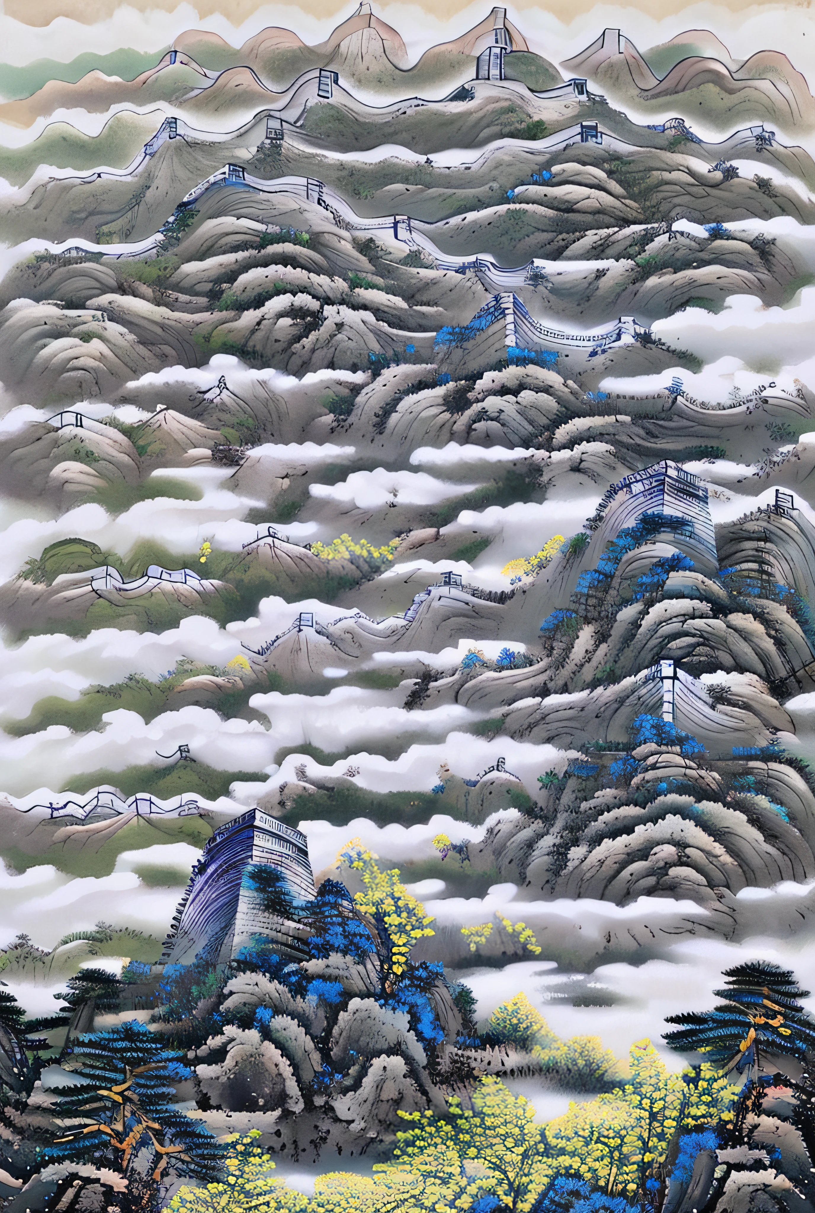 ((materpiece)), ((best quality)), ((high-res)),((extremly details)), ((Ink wash)), ((artist)), a paint of huge greatwall landscope with blurred distance scenery, zulishisong_style_great_wall, top margin, ((blurred background)), white space, birds,cloud, forest, landscape, mountain, nature, no_humans, no_houses, outdoors, scenery, sky, tree, chinese ancient paint,no_humans, outdoors, scenery, indigo paint, ((zulishisong_style_mountains)),