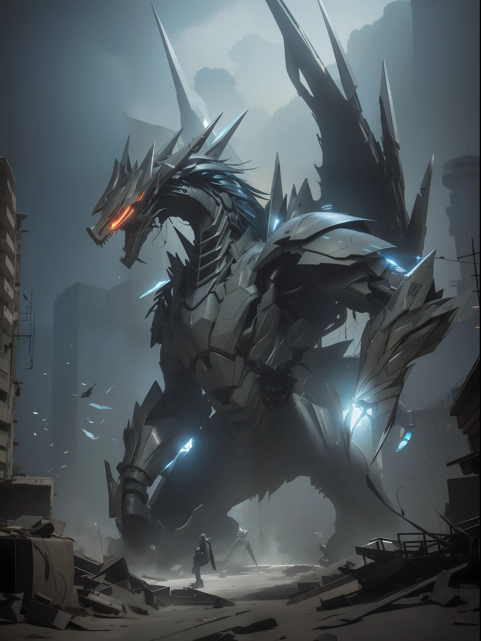 Masterpiece, Best quality, high resolution, 8K, Portrait, Realistic photo,（ Combine clothing with Korean fashion design），Digital photography, full bodyesbian,Real photos, surrealism, oc rendering, natural light. Urban Ruins, Armored Core, Cyberpunk, Dynamic Pose,
A large blue metal mechanical dragon with complex and sharp horns, fearsome dragon teeth, huge black mechanical wings, and a cannon on its shoulder. Sky, dust simulation, Dust Tumbling, smoke simulation, urban ruins, 3D style, film, ultra realistic, real photos, metallic texture, Realistic style, Global lighting, Depth of Field simulation. Surreal, C4D,OC render, 3D, UHD 16k,.Metallic texture, oc rendered，Reflective texture,