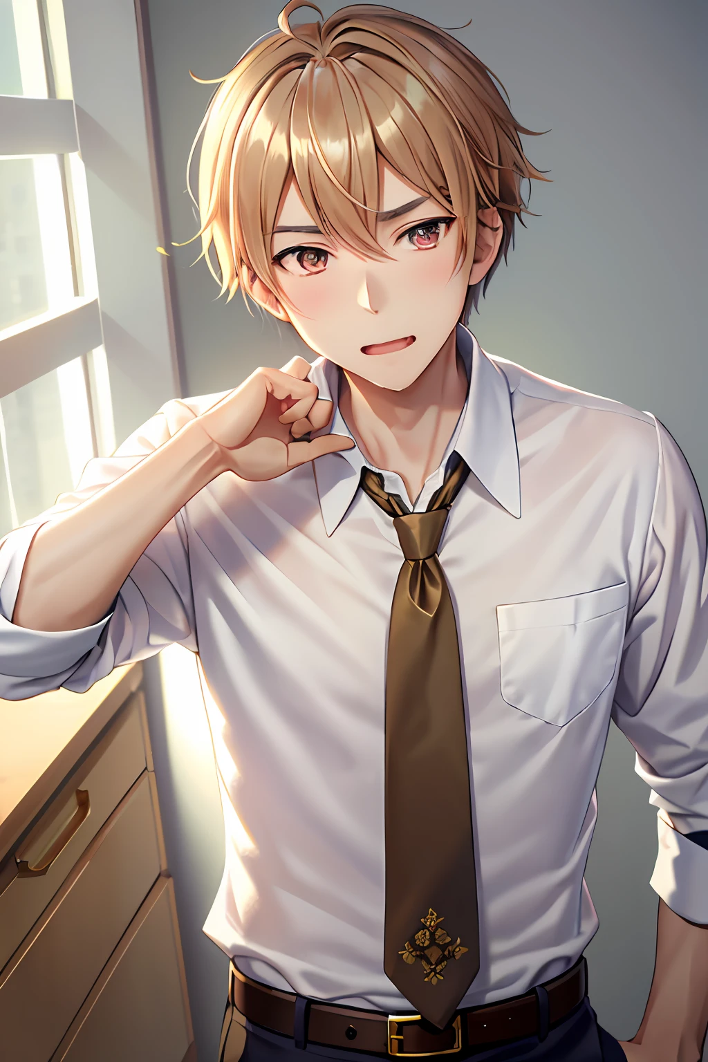 （1 Adult male），A high resolution， Sharp focus， Pixiv masterpiece， （（Complicated details））， highly  detailed， natsuki_subaru， 1 man， with her mouth open，drools，full bodyesbian， Golden eyes（eyes glowing）， with short golden hair，white  shirt，Wear a tie，Wear a belt，perspire，look from down