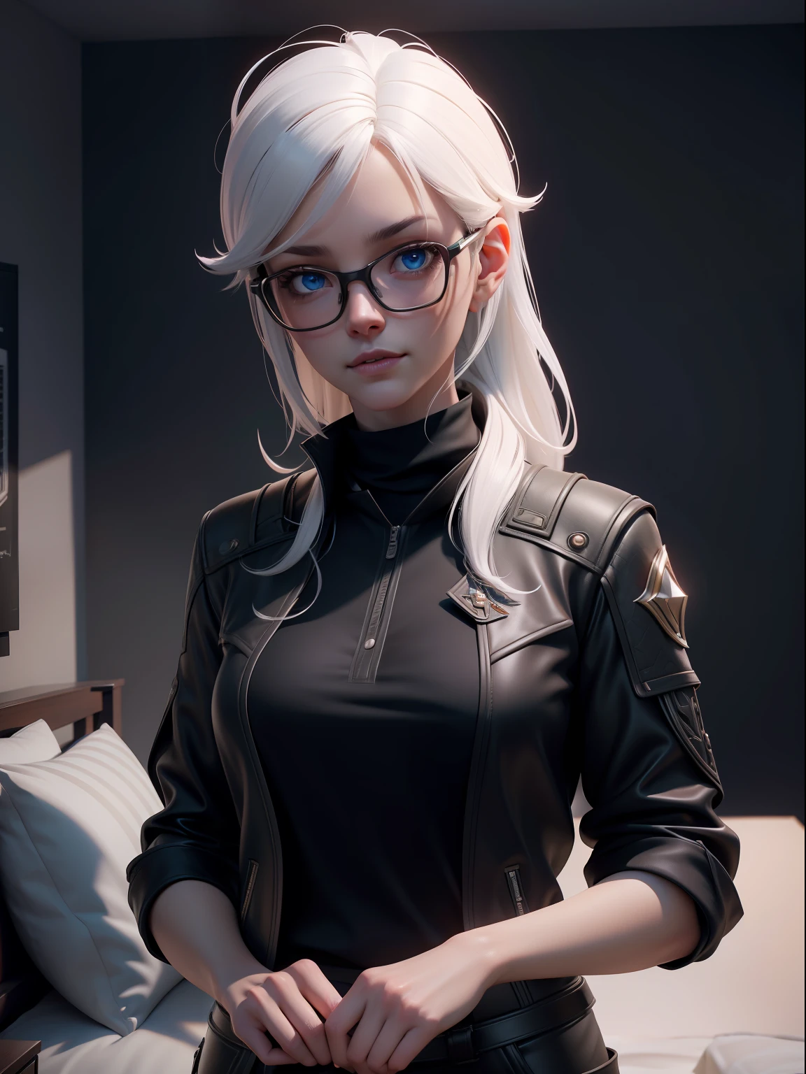 girl, short stature, skinny, white polo shirt, black pants, bedroom, daylight, bed, disheveled hair, white hair, long hair, blue eyes, freckles, glasses, pale skin, (bloom), Hyperdetailed, ArtStation, CGsociety, 8K, Surrealistic, Zbrush, Unreal Engine 5, Bright Colors, Greg Rutkowski, Darksynth, Weta Digital, Focus, Octane Rendering, Super Sharpness, Cinematic Light, High Quality, High Resolution, Smooth Color Manga Hayao Style, Photorealistic, High Detail , 8K , Trending Artstation, Octane Rendering, Cinematic Lighting, 3D Rendering, Vray Caustics, Volumetric Lighting, Dark Atmosphere, Somber Colors, Sense of Wonder, Concept Art, Unreal Engine 5 Rendering, Cinematic Center Shot, Hyper Realistic, Ultra Detailed;