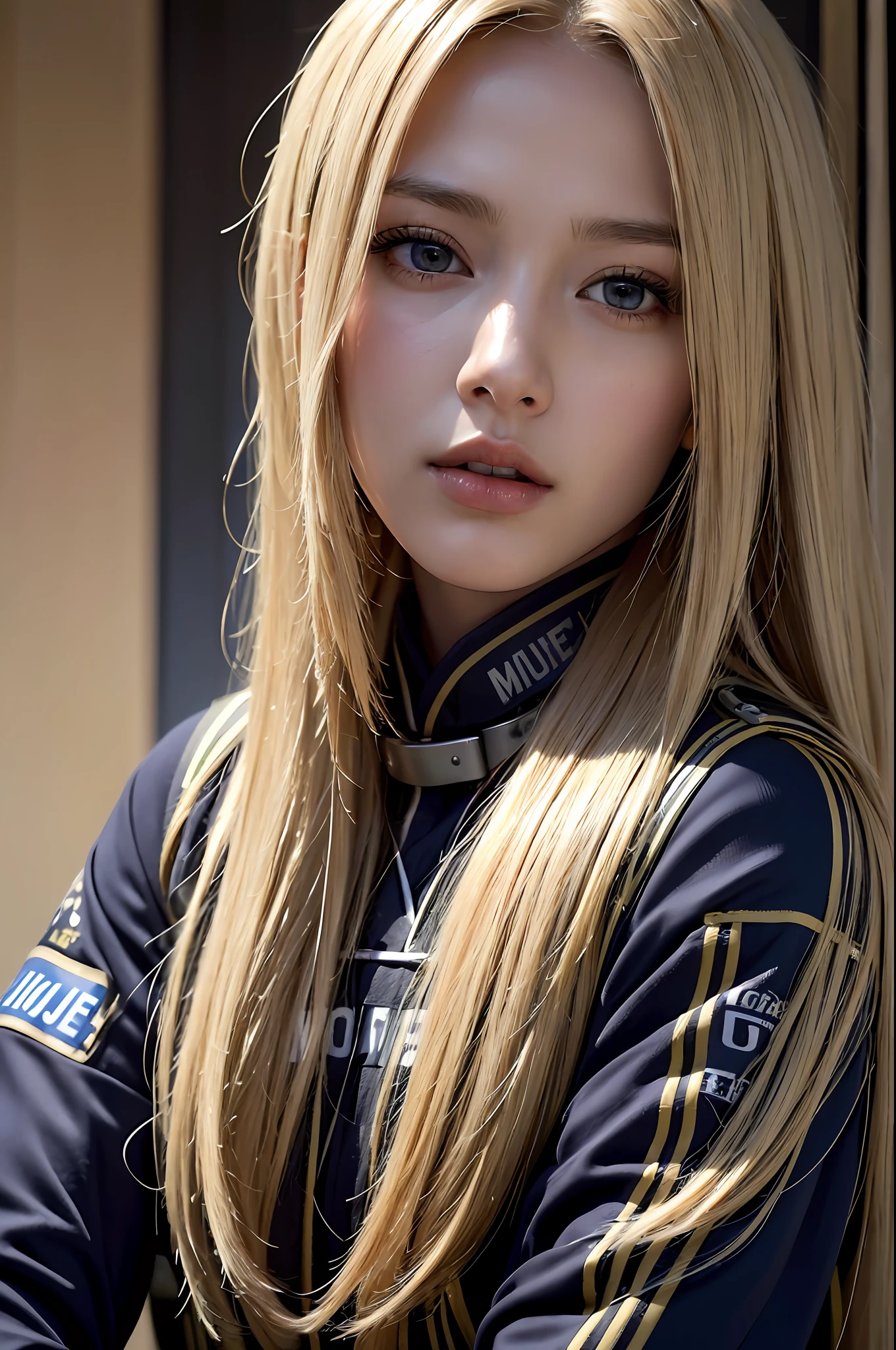Best quality, masterpiece, ultra high res, (photorealistic:1.4), raw photo, (close up:1.5), 1 girl, long blonde hair, detailed eyes and face, (wearing racing suit likes police uniform, military harness, holding a machinegun), in the dark, deep shadow, low key, cowboy shot full-lenght body, ((open eyes:1)), fires, smokes,