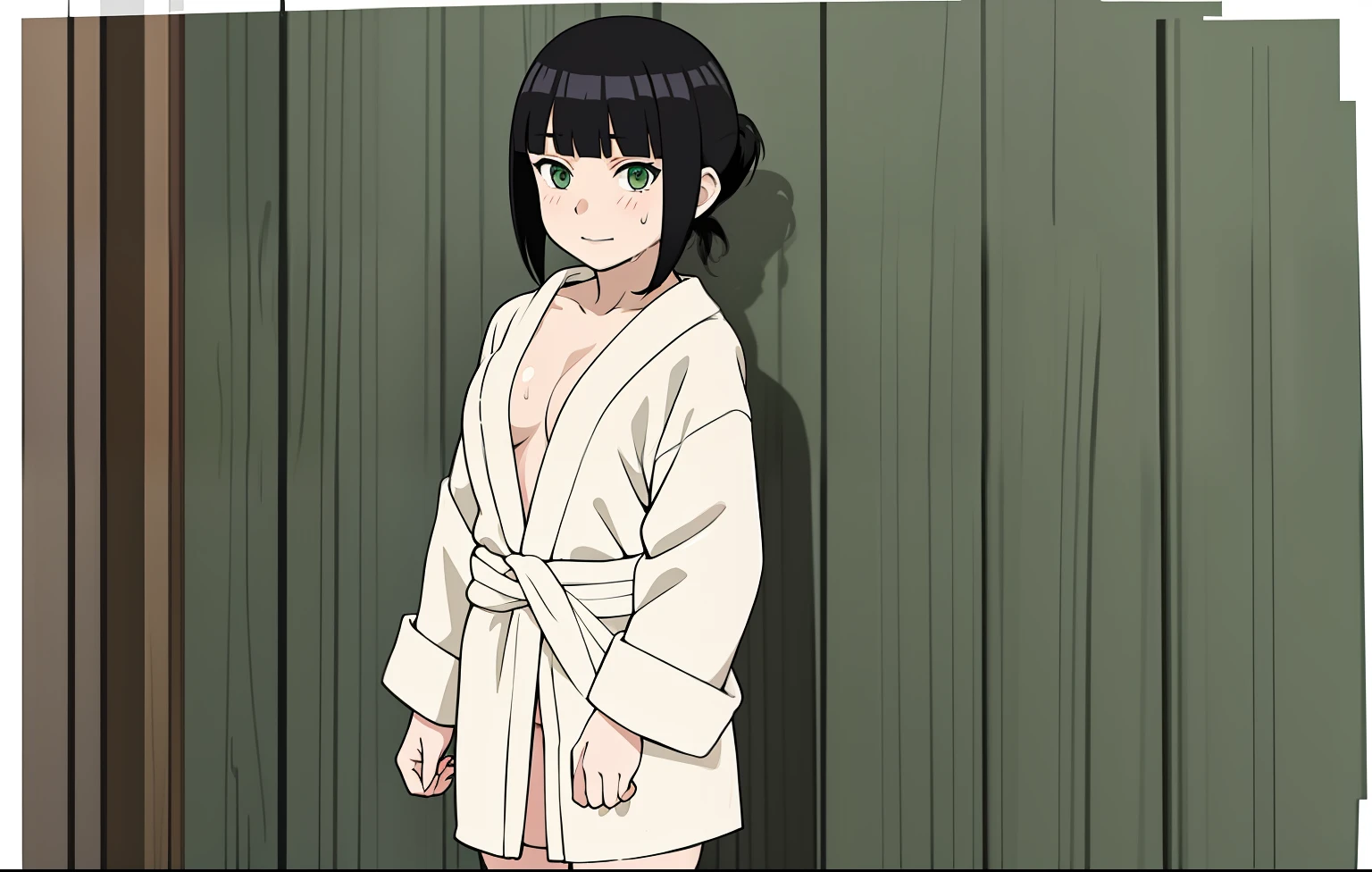 masterpiece, best quality, 1girl, short black hair, twin tail hairstyle, green eyes, white bathrobe, small breasts, happy, sweating, in onsen, standing, full body