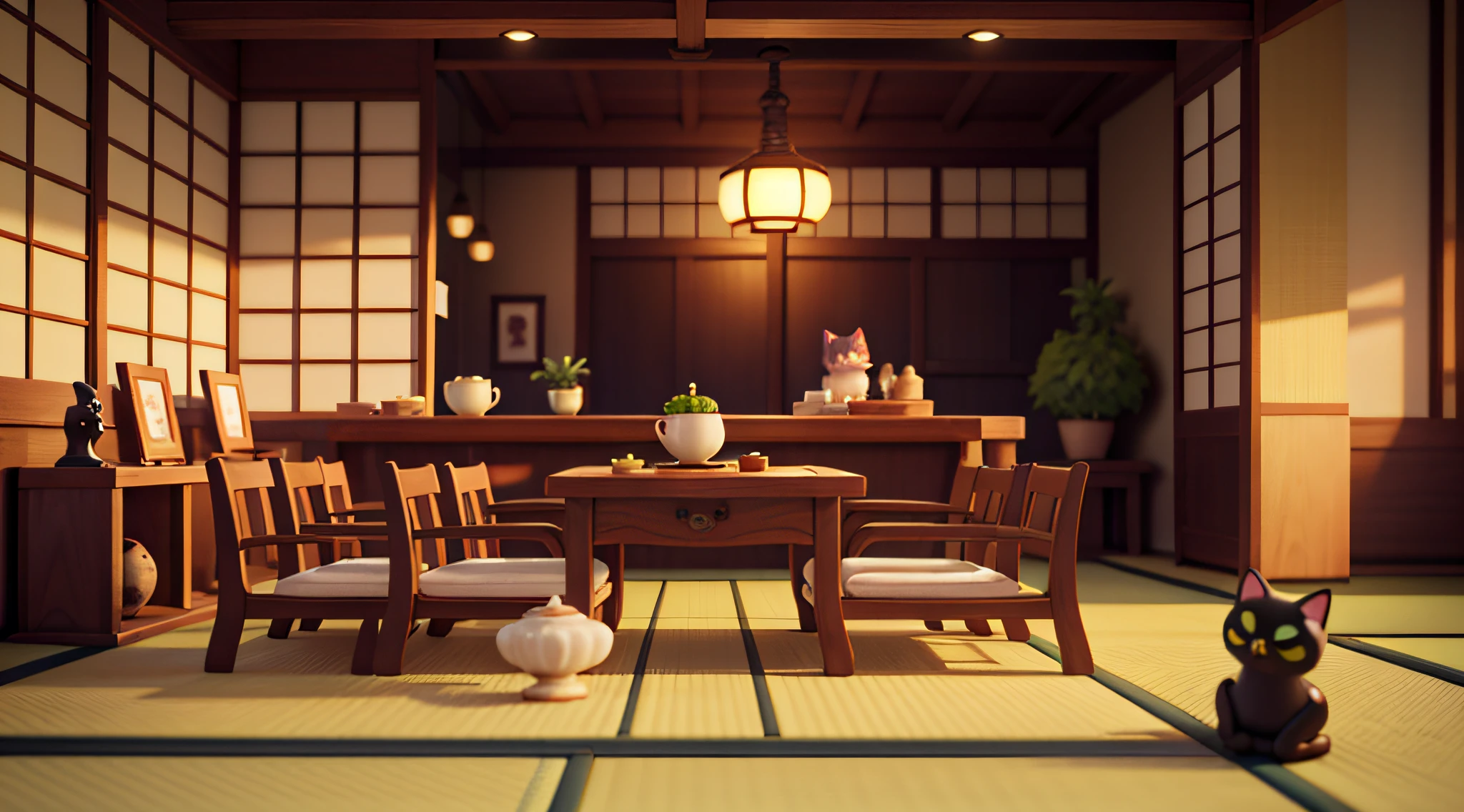 Cinematic Shots、japanic style、pure Japanese style、japanese aesthetic、Chic impression、Muted shades、gentle shades、Attractive composition、Attractive lighting、depth of fields、Diorama of a coffee shop、Large coffee shop、Tatami mats、shoji、Lots of desks and chairs、Cute black cat、Cat waiter、Happy cat、Delicious-looking matcha、Delicious-looking dumplings、Japan tableware、Unglazed teacups、Urgent、green tea、lacquerware、Delicious-looking Japanese sweets、Heartwarming、Healing scene、Japanese garden、View of the garden outside the window、Soft light from the window、Interior with depth、Output image quality(add detail、The ultra -The high-definition、Masterpiece、hight resolution、8K、Award-winning works)、(intricate-detail、ultra-detailliert:1.2)