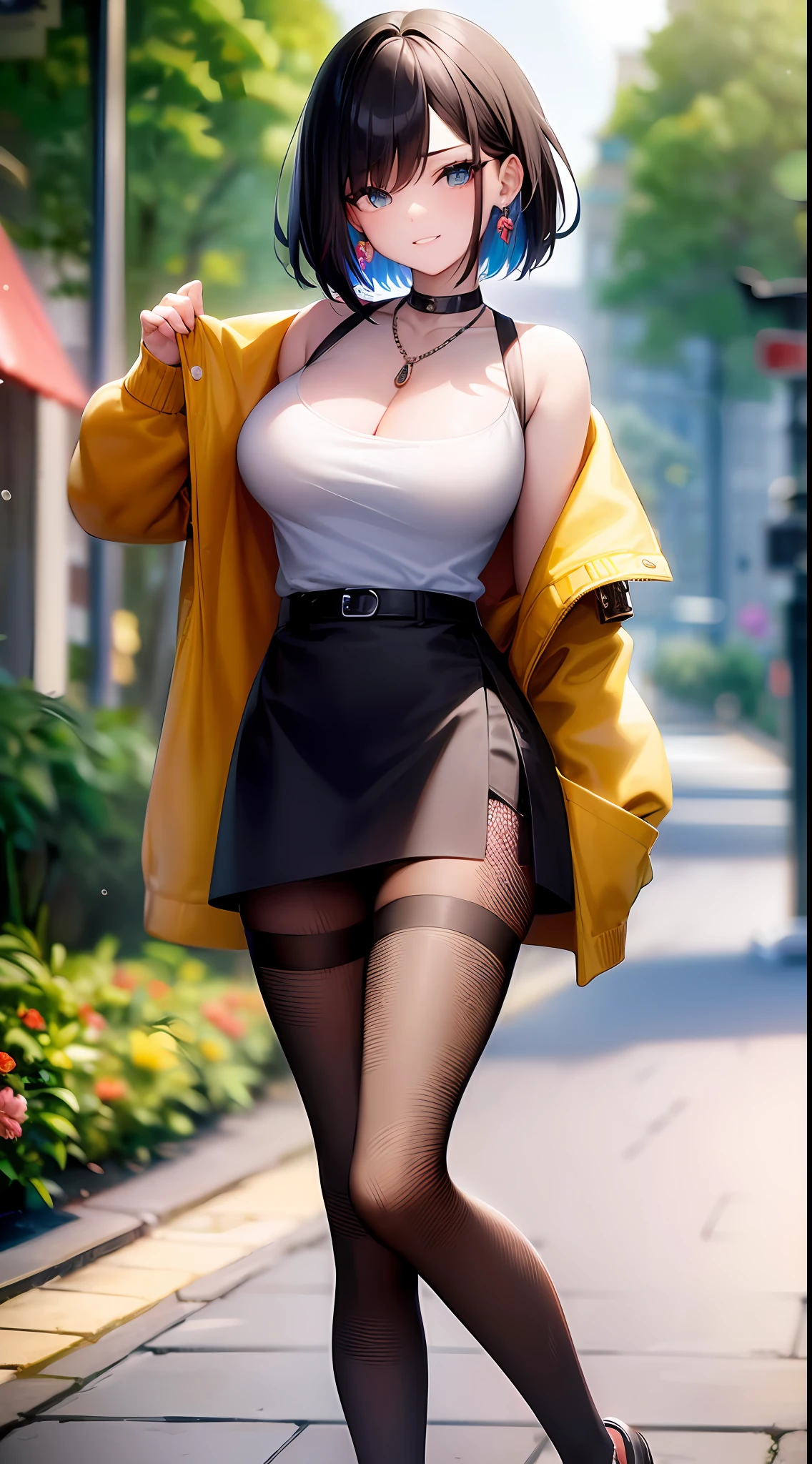 (masterpiece), best quality, (expressive eyes), perfect face, multicolored hair, many line in hair, long straight pixie cut, enigmatic eyes, smirk, earings, pendant, wink, ((detailed pupils)), (bright eyes: 1.3), lylac shirt, jacket, sneaker shoes, fishnet stocking, skirt, cute belt, contrapposto,
(Street: 0.2), sunny day, outdoor, cozy, bokeh, HDR, UHDR, 4K, 8K, 64K, ((highly detailed)), sunray