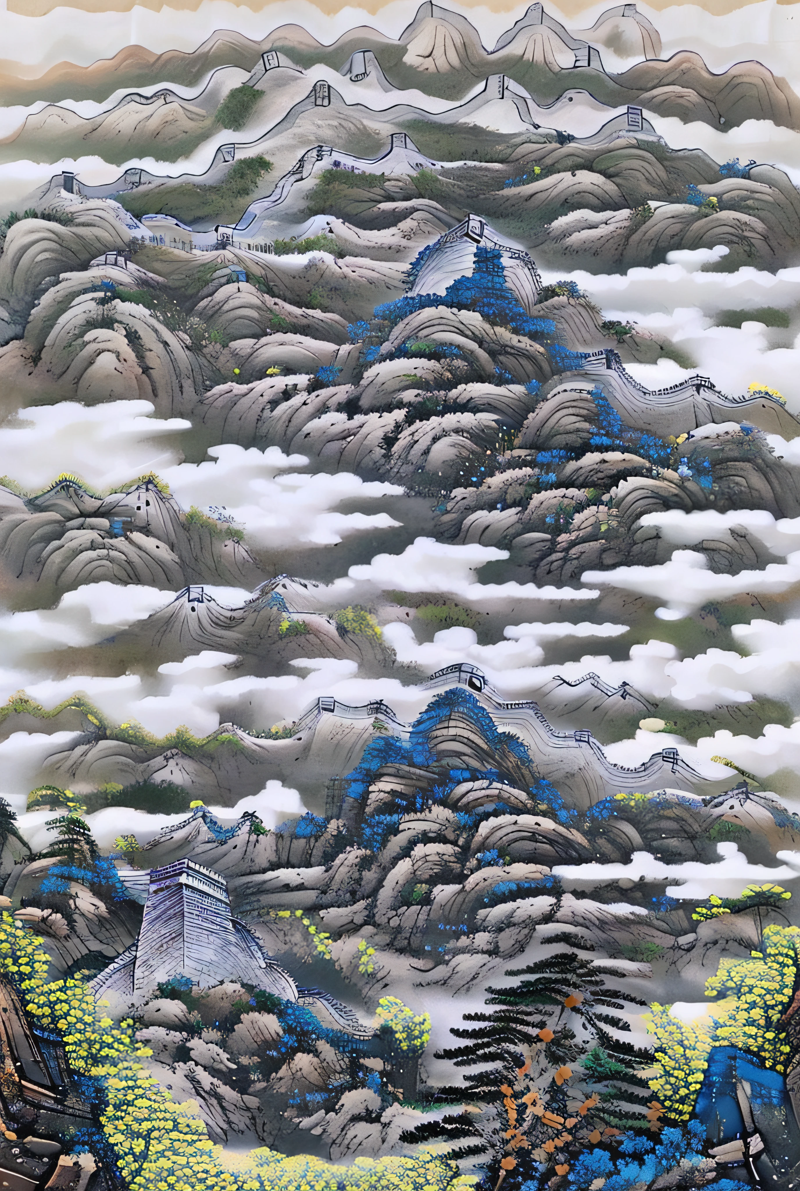 ((materpiece)), ((best quality)), ((high-res)),((extremly details)), ((Ink wash)), ((artist)), a paint of huge greatwall landscope with blurred distance scenery, zulishisong_style_great_wall, top margin, ((blurred background)), white space, birds,cloud, forest, landscape, mountain, nature, no_humans, no_houses, outdoors, scenery, sky, tree, chinese ancient paint,no_humans, outdoors, scenery, indigo paint, ((zulishisong_style_mountains)),