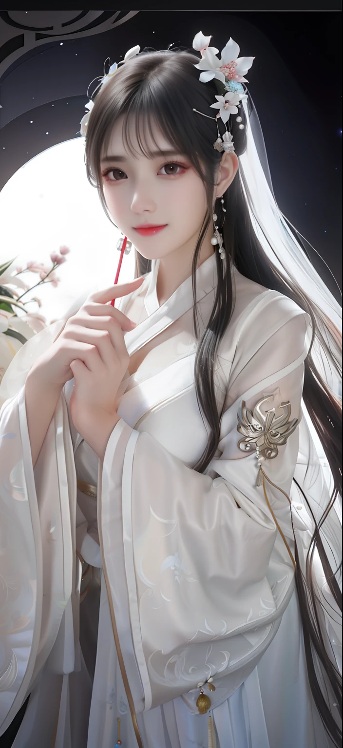 Close-up of a woman in a white costume dress，A hairpin stuck in his hair, 8K)), pale milky white porcelain skin, trending on cgstation, gorgeous chinese models, smooth white tight clothes suit, trending at cgstation, pearls necklace, Cai Xukun, White Hanfu, pale snow-white skin, 4K], 4 k'' ], Inspired by Huang Ji