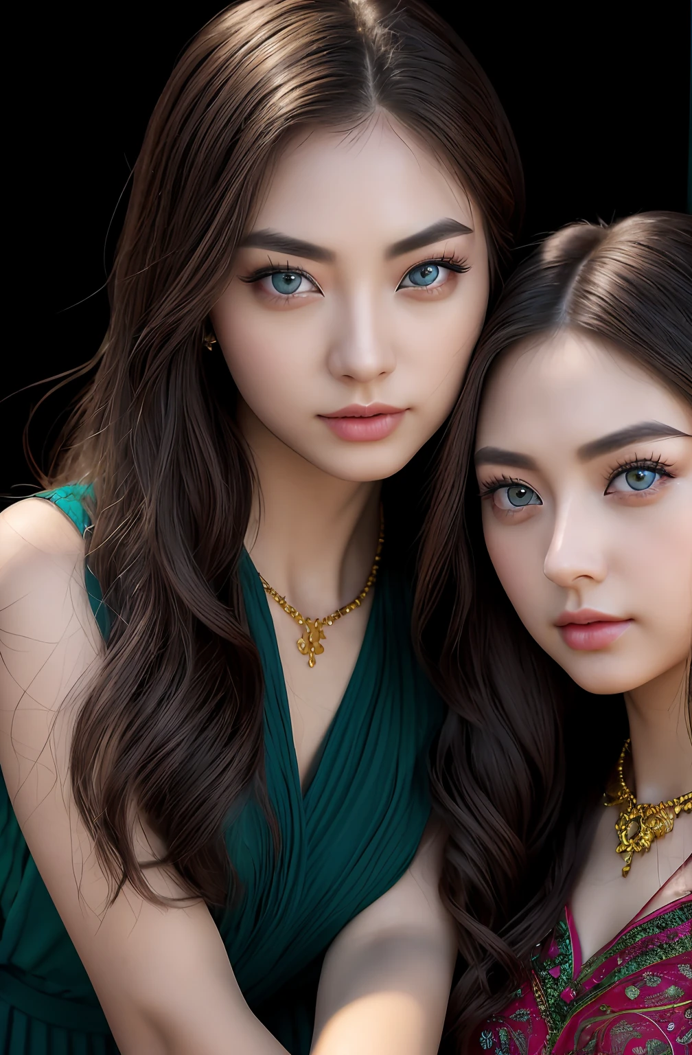 2girls,duo,8K Raw photograph,超高分辨率, filmgrain, filmg,view the viewer, Natural skin texture,Realistic eye and face details,((Realistic:1.5)),Ulzzang-6500:1.4,((Best quality)), ((Masterpiece)),((Detailed)),{2 beautiful women}, (Upper body:1.3),Hug and touch each other, Tease your friend's waist, Breathless friends, Biting a friend's earlobe, crouched,super wide shot,Face focus, Long legs,Curvy, Barefoot,Wide hips, Thin legs, Oversized eyes,Long eyelashes, (Detailed face,beautidful eyes, detailedpupils,detailed clothes features, Clear background:1.3), (armlets, bangle:1.3),bright detail,Sharp,Perfect compounding, Intricate, Sharp focus, Dramatic,