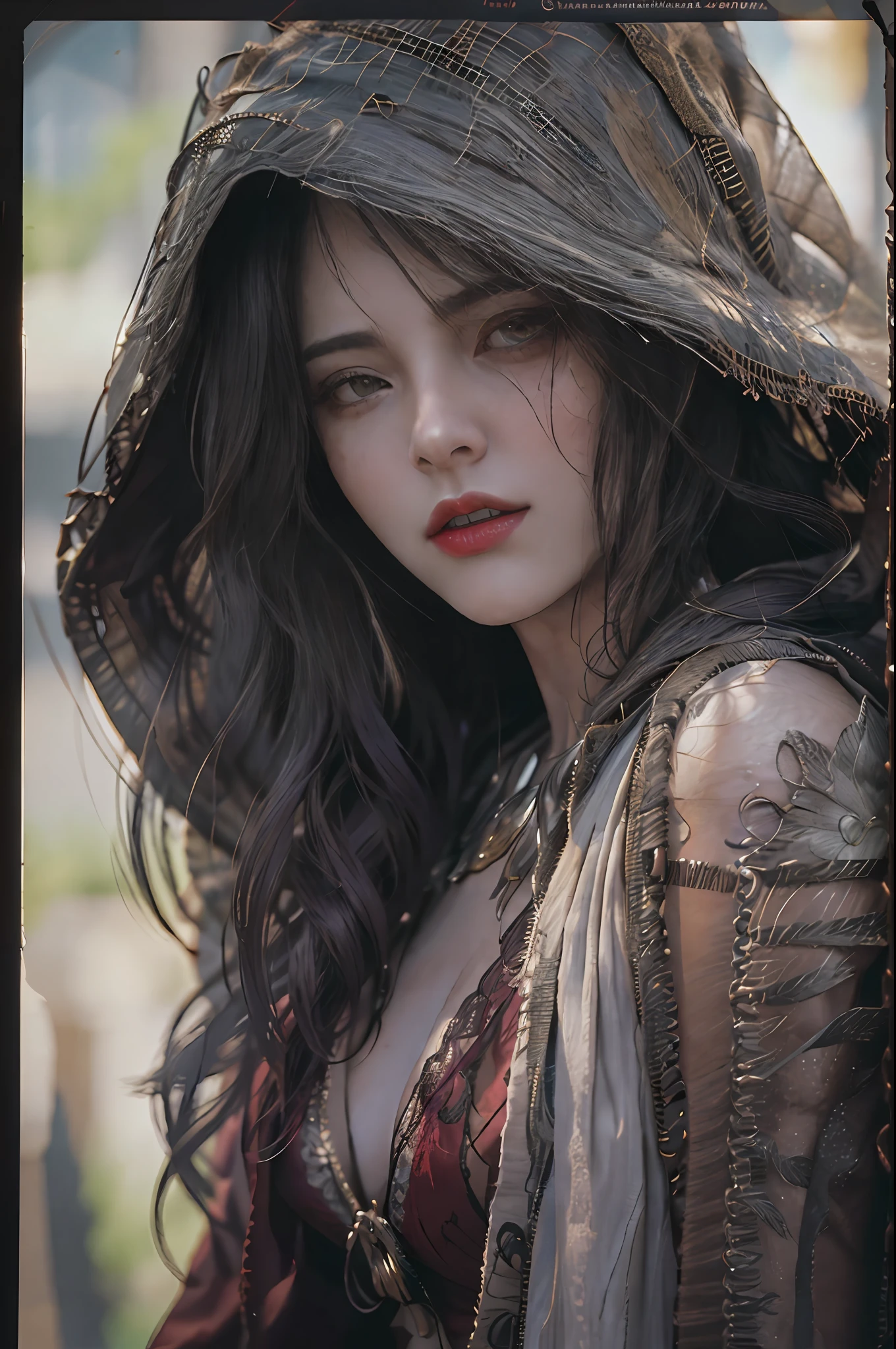 masterpiece, highest quality, RAW, analog style, A stunning portrait of a beautiful woman, morrigan, breast, wearing a mage robe, ((highly detailed skin, skin details)), sharp focus, 8k UHD, DSLR, high quality, film grain, Fujifilm XT3, polaroid, frowning, intricately details, highly detailed, cluttered and detailed background