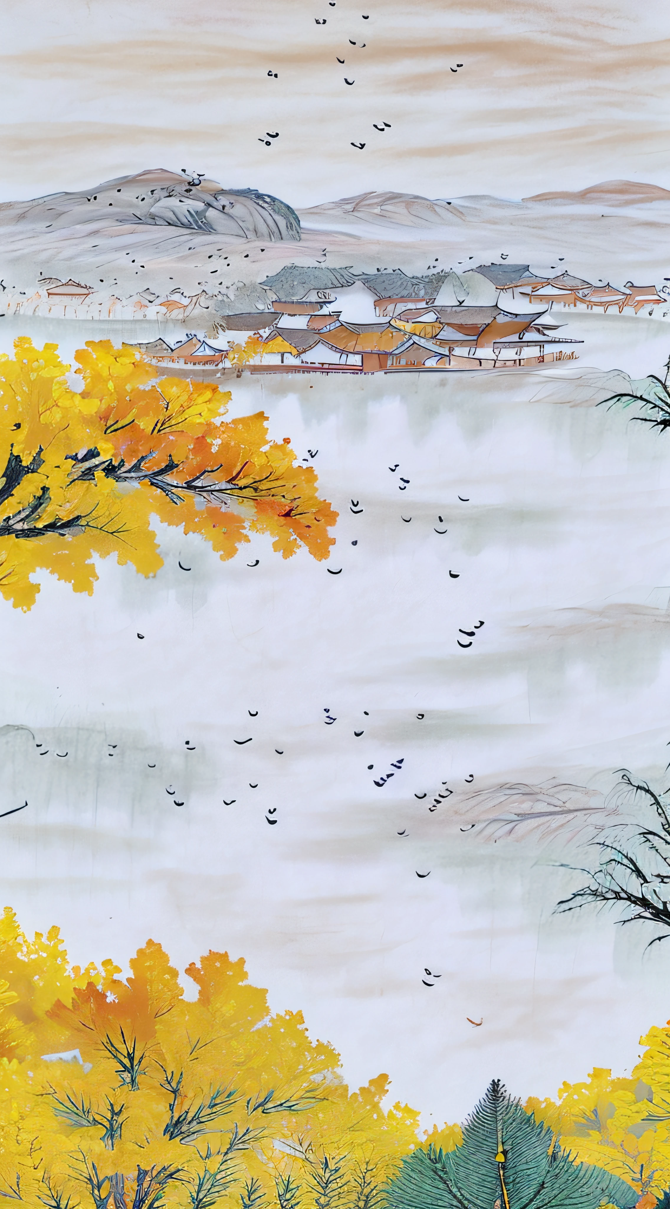 ((materpiece)), ((best quality)), ((high-res)), ((Ink wash)),  ((artist)), ((extremly details)), a chiniese tower, autumn, golden trees, autumn_leaves, birds chinese painting, leaf, maple_leaf, mountain, lake, mountainous_horizon, no_humans, outdoors, scenery, sky, sunset, tree, zulishisong_style_willow_tree, blurred distant scenery,