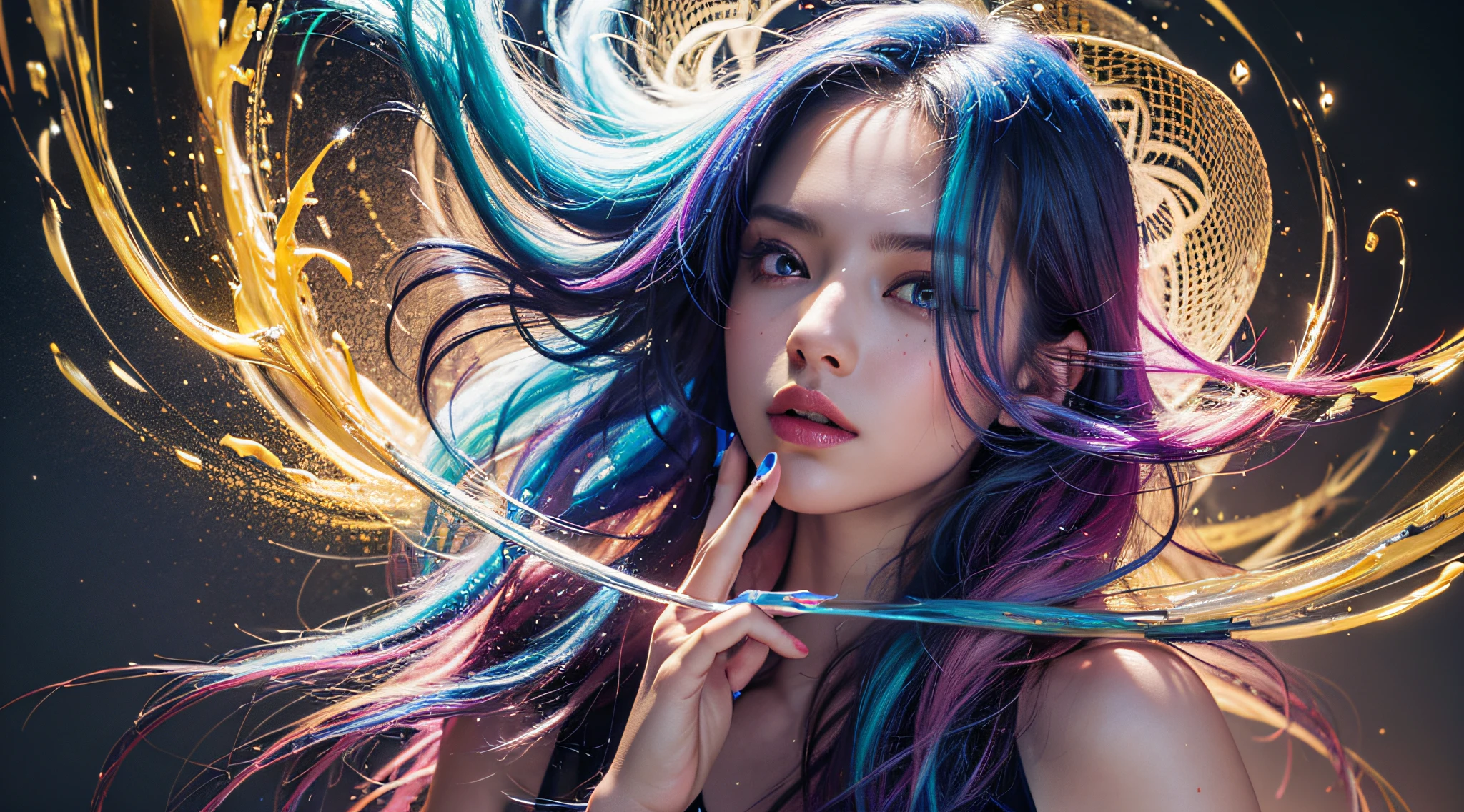 8k, RAW photo, realistic, photo-realistic, hyper-realistic, highest quality, best quality, masterpiece, highly detailed, absurdres,
masterpiece, best quality, (extremely detailed CG unity 8k wallpaper, masterpiece, best quality, ultra-detailed, best shadow), (detailed background), (beautiful detailed face, beautiful detailed eyes), High contrast, (best illumination), 1girl, Australian, multicoloured hair, beautiful, ((colourful paint splashes on transparent background, dulux)), ((caustic)), dynamic angle,beautiful detailed glow,full body, cowboy shot,