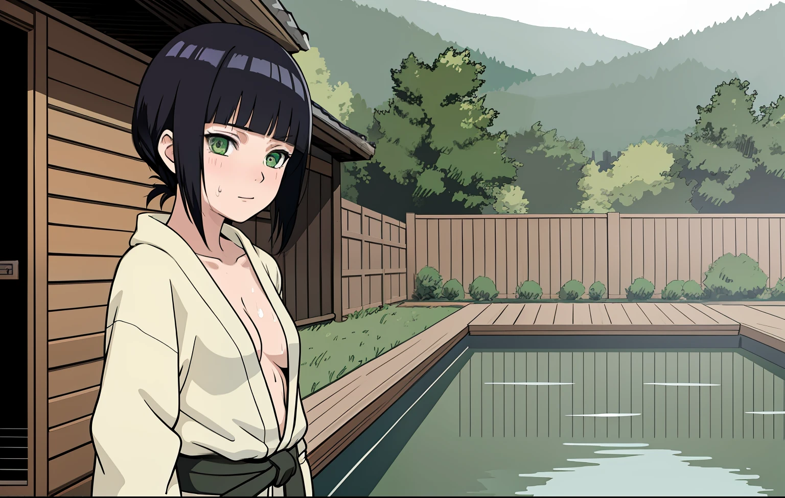 masterpiece, best quality, 1girl, short black hair, twin tail hairstyle, green eyes, white bathrobe, small breasts, happy, sweating, in onsen, standing, full body