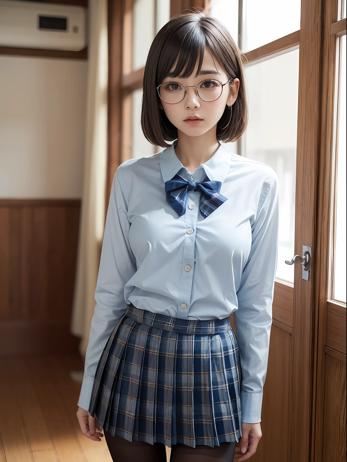(8K、Raw photography、top-quality、masterpiece:1.2),Pupils,Light Blue Bra,de pele branca,kne,(Black pantyhose),absurderes,a small face,small tits,flat breast,Parting the bangs from the middle、Forehead visible,(a cold expression<Tight eyes,glares,Bullish,skinny,Rasping,irate)、masterpiece,top-quality、超A high resolution,Raw photo,ren,Beautiful fece,One Person, 独奏,eye glass,,Dark look,Small breasts,fullllbody,Round glasses、cute little、JK school uniform,hi-school girl,A Japanese Lady,is standing,(Photorealsitic:1.37)、Photon mapping,Light blue ribbon,Realistic、Cute little face,Brown-eyed、Black socks、(Red bow tie)、Radio City、Physically Based Rendering、Foreground、depth of fields、Blurry background、a picture,The girls、Body,beauty legs, Long legs, Thin leg,Long bob cut,(Bangs are visible), hair, s lips, Blue_The eye, nosesoft,(Light blue shirt), (Navy and blue and white plaid pleated skirt), Knees are visible,Sheer clothing,, Thigh, Black cotton socks,Nogizaka Idol, 女優, Japanese ido