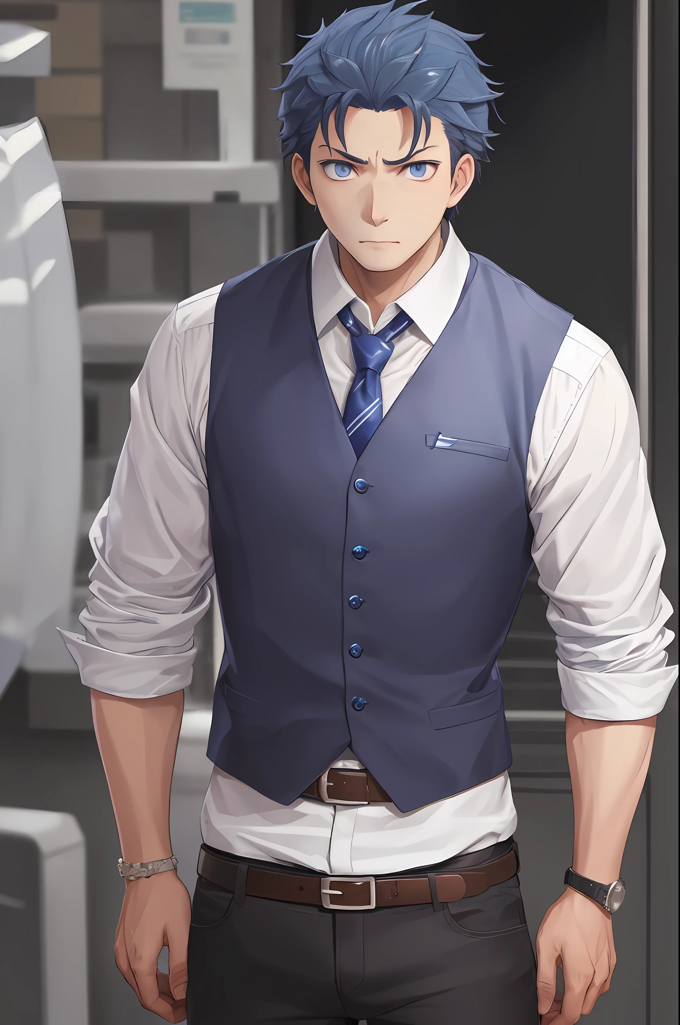 （1 Adult male），A high resolution， Sharp focus， Pixiv masterpiece， （（Complicated details））， highly  detailed， natsuki_subaru， 1 man， The expression is serious，full bodyesbian， blue colored eyes（eyes glowing）， blue short hair，white  shirt，Wear a tie，Wear a belt，perspire，look from down