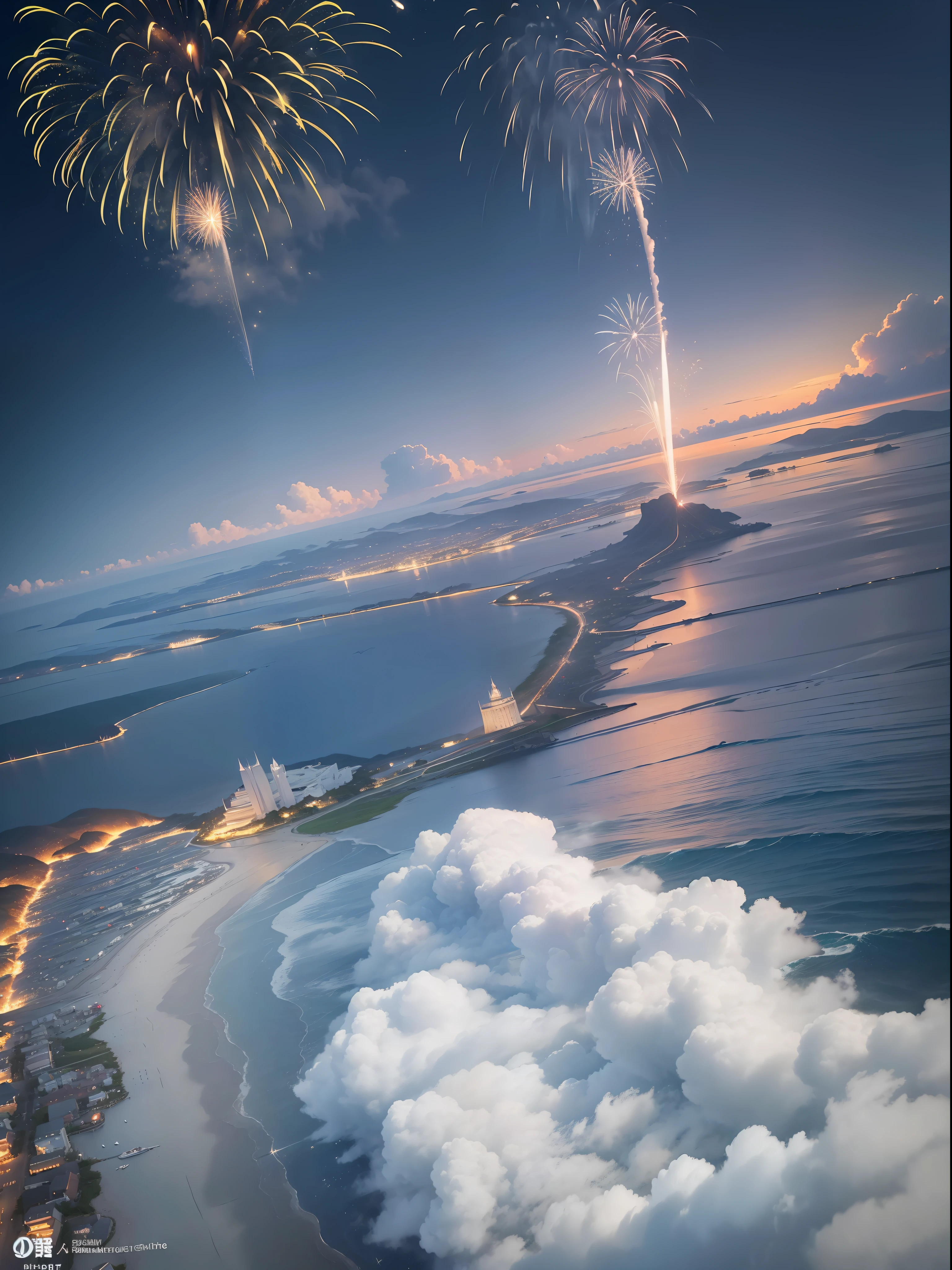 (Surreal)、(hight resolution)、(8K)、 (ighly detailed)、(Ultra clear skin pores)、(top-quality、masterpiece:1.3)、((sharpnes))、ciinematic light、 extremely tense and dramatic pictures、the moving visual effects、Full view、Woman in white dress standing on the beach、(Dark sea)、(dark sky)、starrysky、(Lots of great fireworks)、Far Horizon、Distant islands々、Into the cloud、Mid summer、From a bird's-eye view、