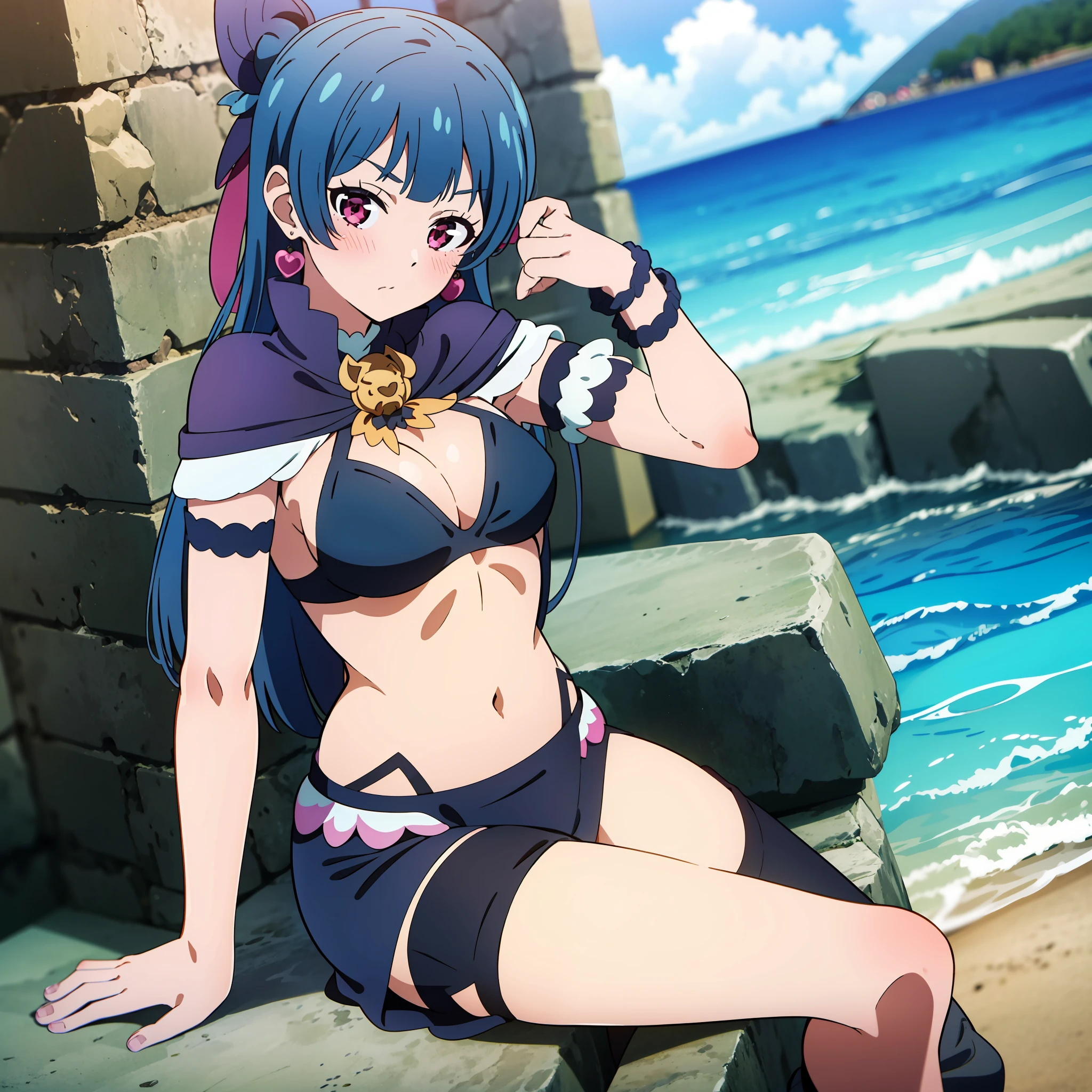 ((masterpiece,best quality)), absurdres, Yohane_Genjitsu_no_Yohane, 1girl, solo, black bikini, medium breasts, sea, blush, sitting