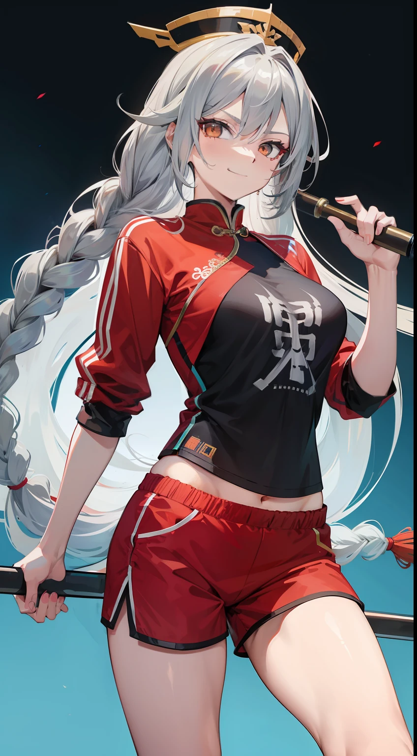 Adult woman, Gray hair in a long braid, golden eyes, sporty figure, Chinese turquoise top, Red Shorts, Tonfa, Tatoo, smirk, Masterpiece, hiquality