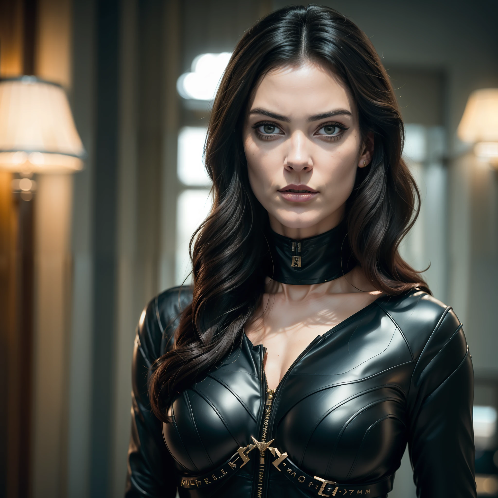 Mulher Gato, (((inspirada em "Selina Kyle" do filme "Mulher Gato"))), roupas de Alien, ((Autorretrato de rosto frontal)), 8k UHD, DSLR, grain of film, pintura fotorrealista Fujifilm XT3 arte midjourney, ((como Selina Kyle)),