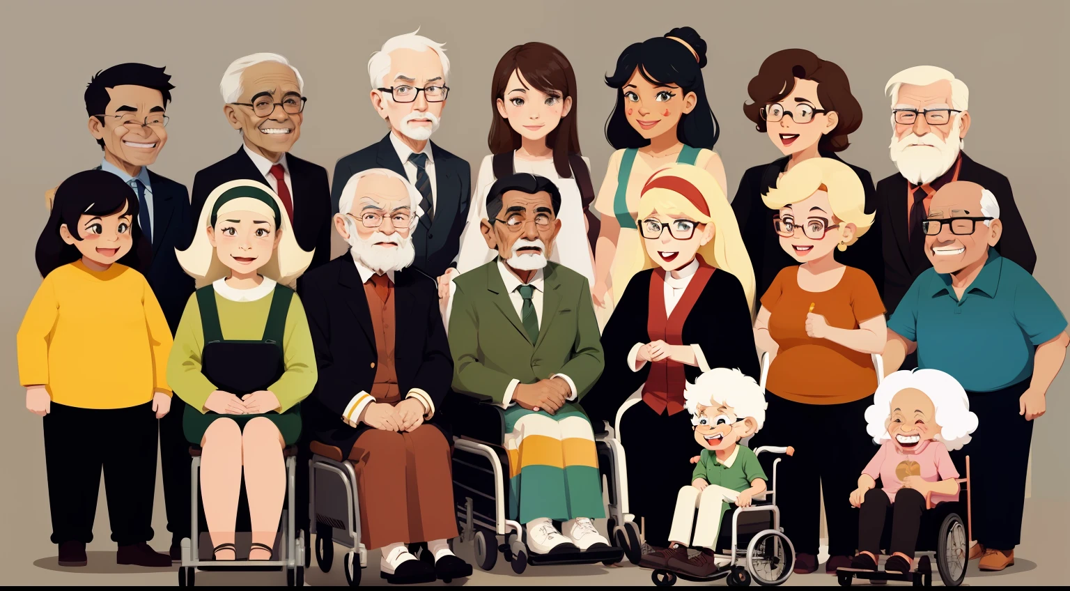 Vector cartoon illustration of diverse people with different types of inclusiveness, such as old age, disability