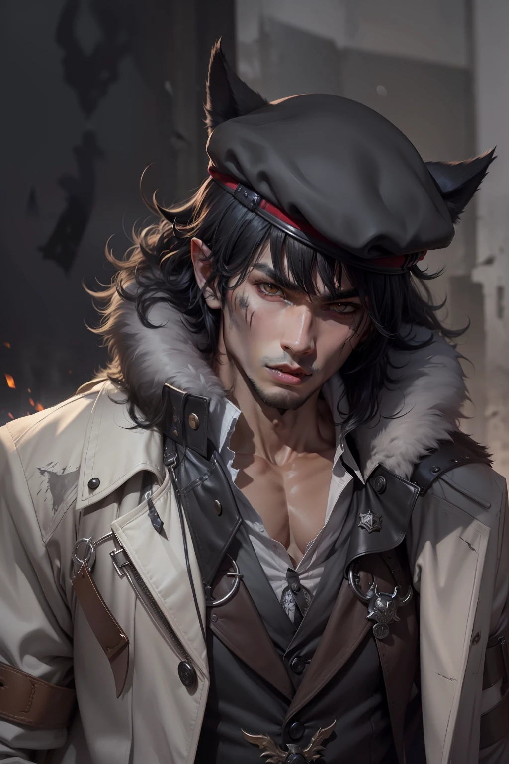 black hair, beret, scar on cheek, wolf ears, fangs,hard man