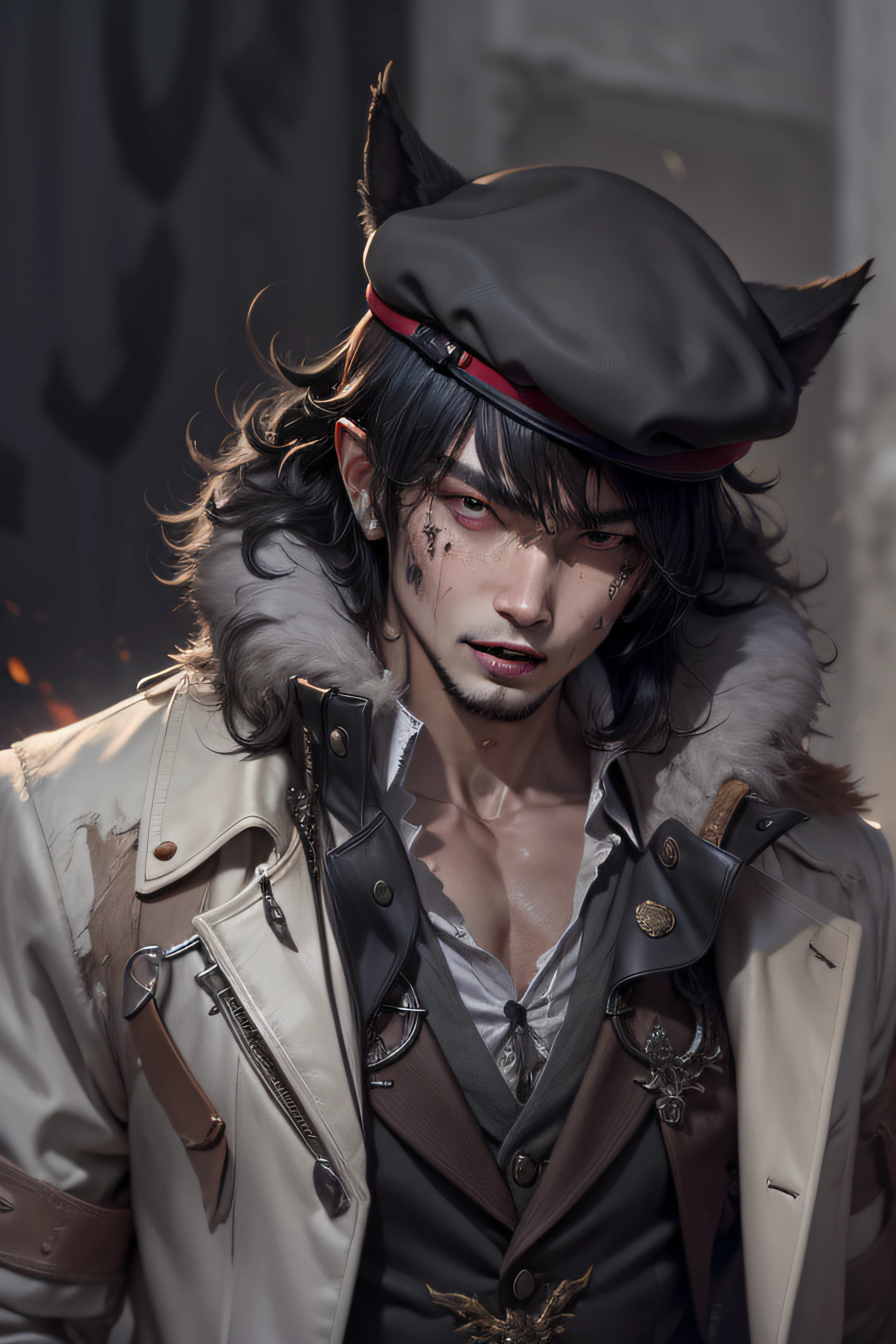black hair, beret, scar on cheek, wolf ears, fangs,hard man