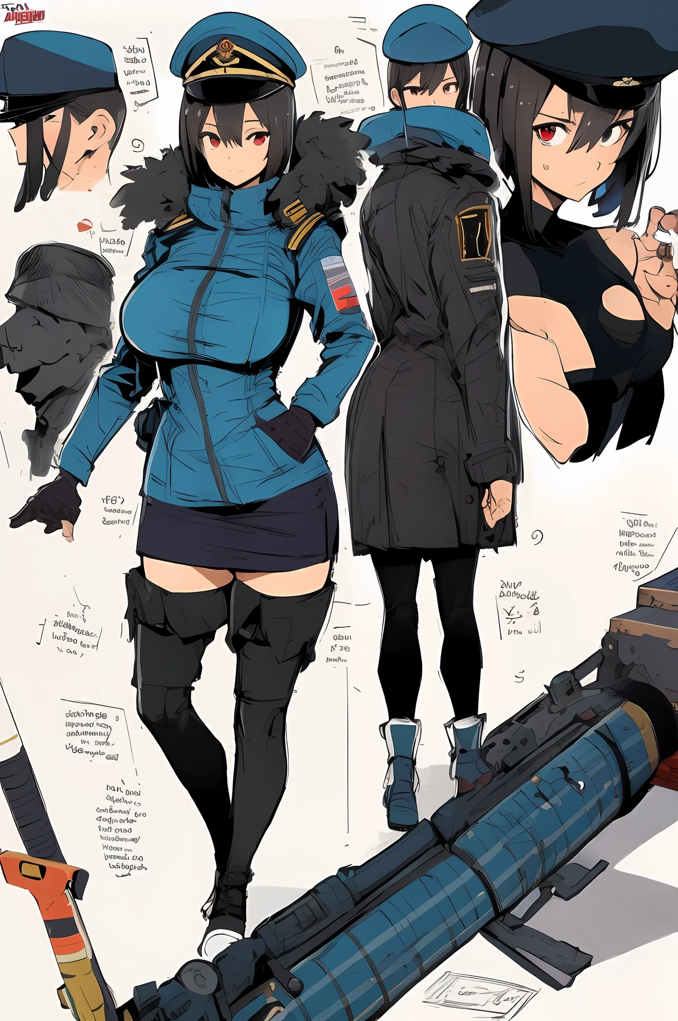 masterpiece, top-quality, high_resolution, fine detailed, highly detailed and beautiful, Distinct_image, 1 rapariga, 独奏, , A dark-haired, red eyes, (huge-breasted), (tits out),((German military uniform)),(Miniskirt),thighhigh,(German Hat),(blimp),sexy pose,frombelow