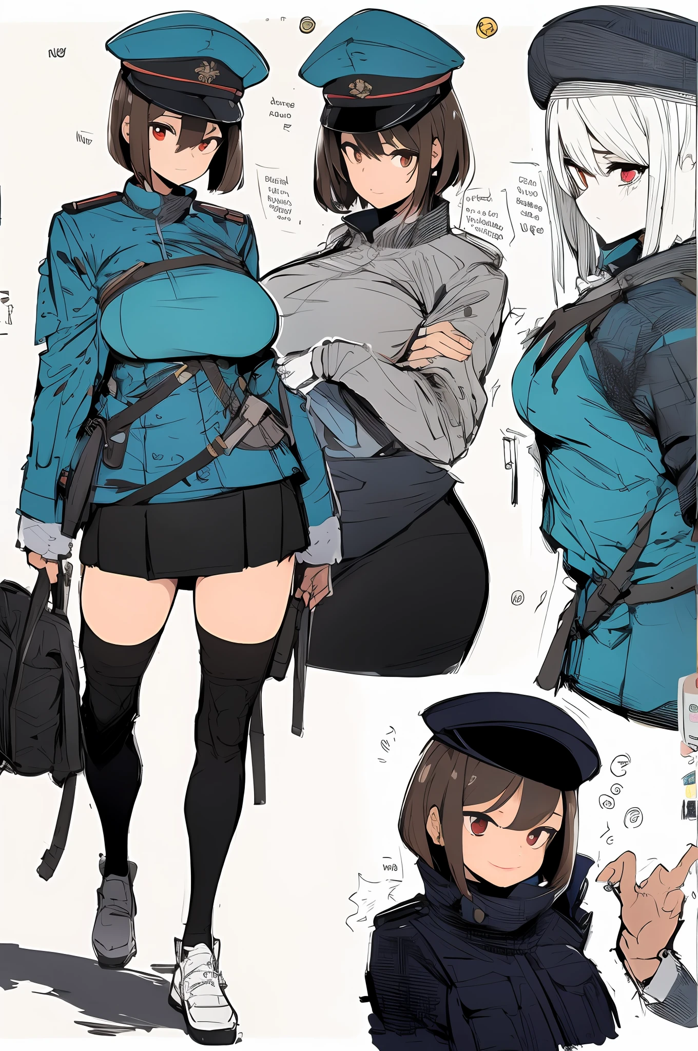 ​masterpiece, top-quality, high_resolution, fine detailed, highly detailed and beautiful, Distinct_image, 1 rapariga, 独奏, , A dark-haired, red eyes, (huge-breasted), (tits out),((German military uniform)),(Miniskirt),thighhigh,(German Hat),(blimp),sexy  pose,frombelow