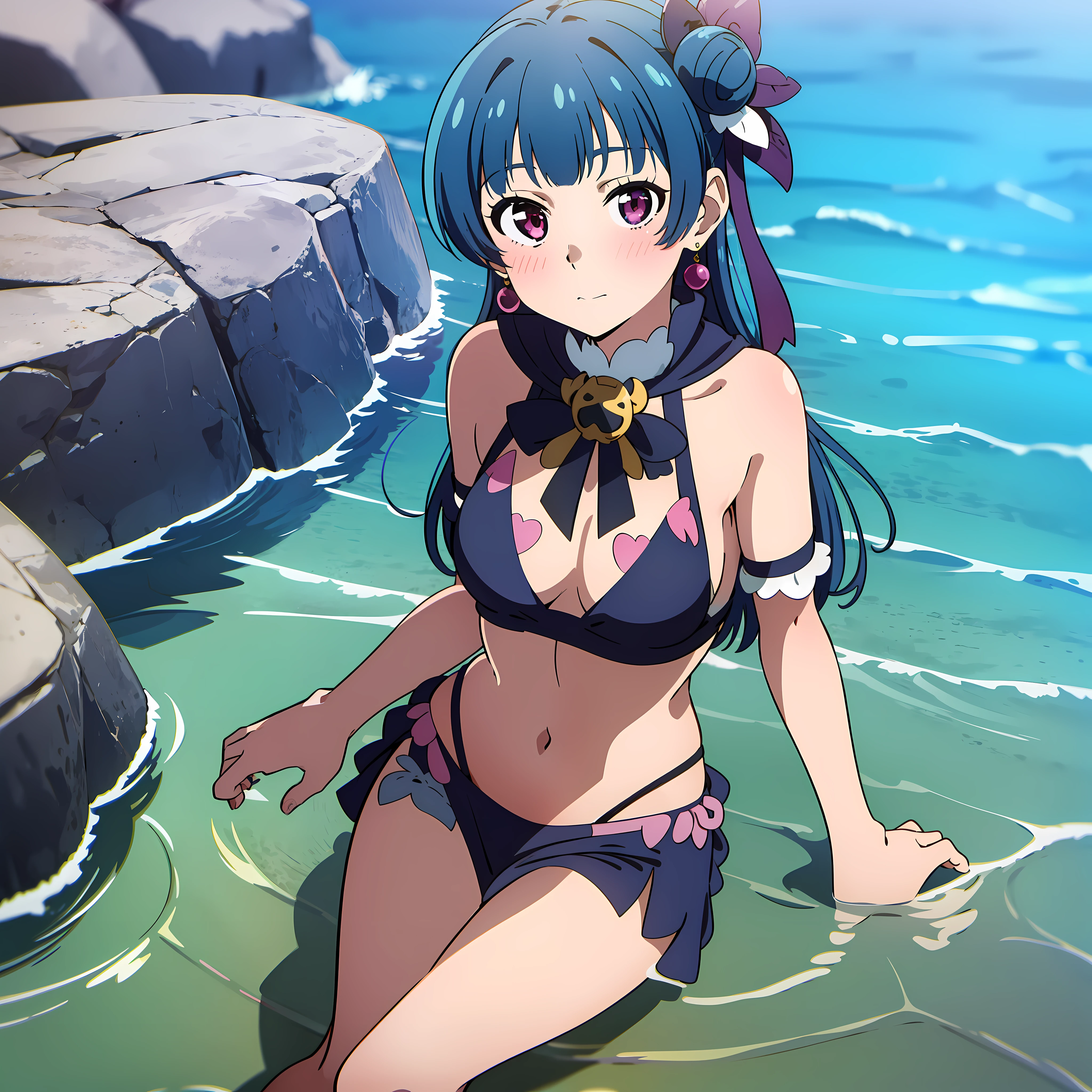 ((masterpiece,best quality)), absurdres, Yohane_Genjitsu_no_Yohane, 1girl, solo, black bikini, medium breasts, sea, blush, sitting