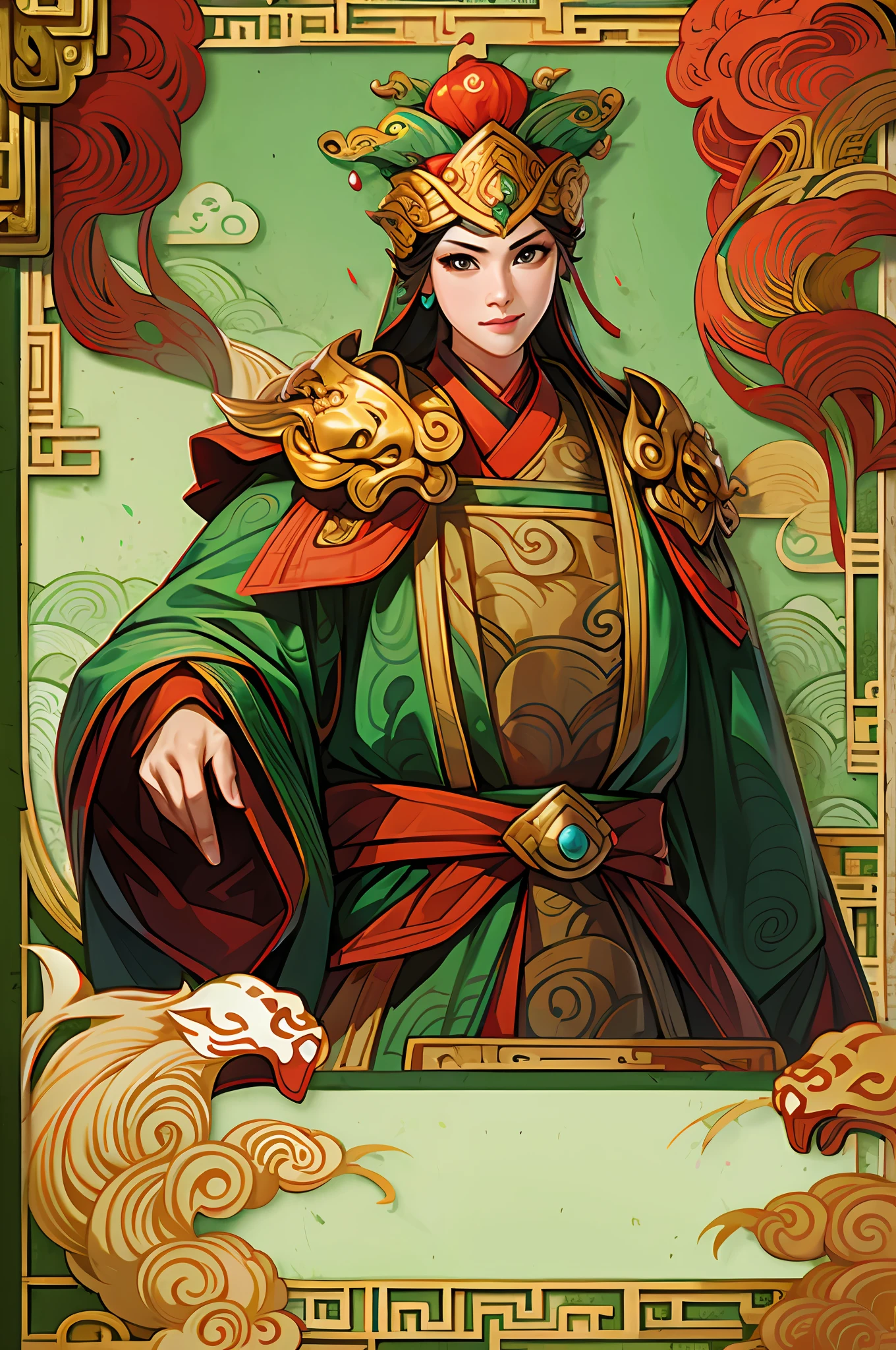 Card design,1female,Three Kingdoms killing style:1.2,Ancient Chinese background,A meticulous face,Clear face,Full body like,Card background、对称,High picture quality,tmasterpiece,best qualtiy,超高分辨率
