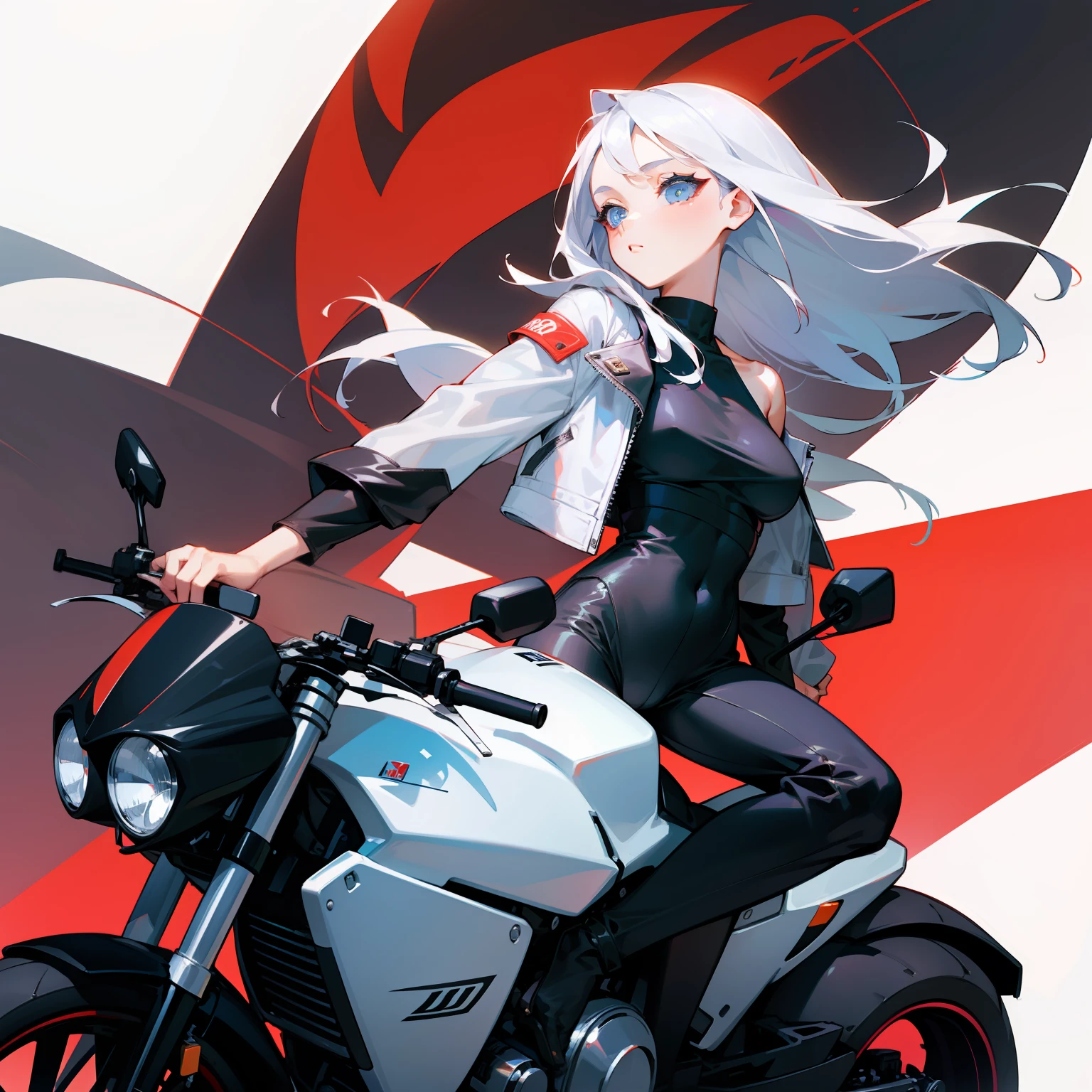 1 girl, beautiful face, cool vibes, white shoulder length hair, wear a motorcycle leather jacket, black pants