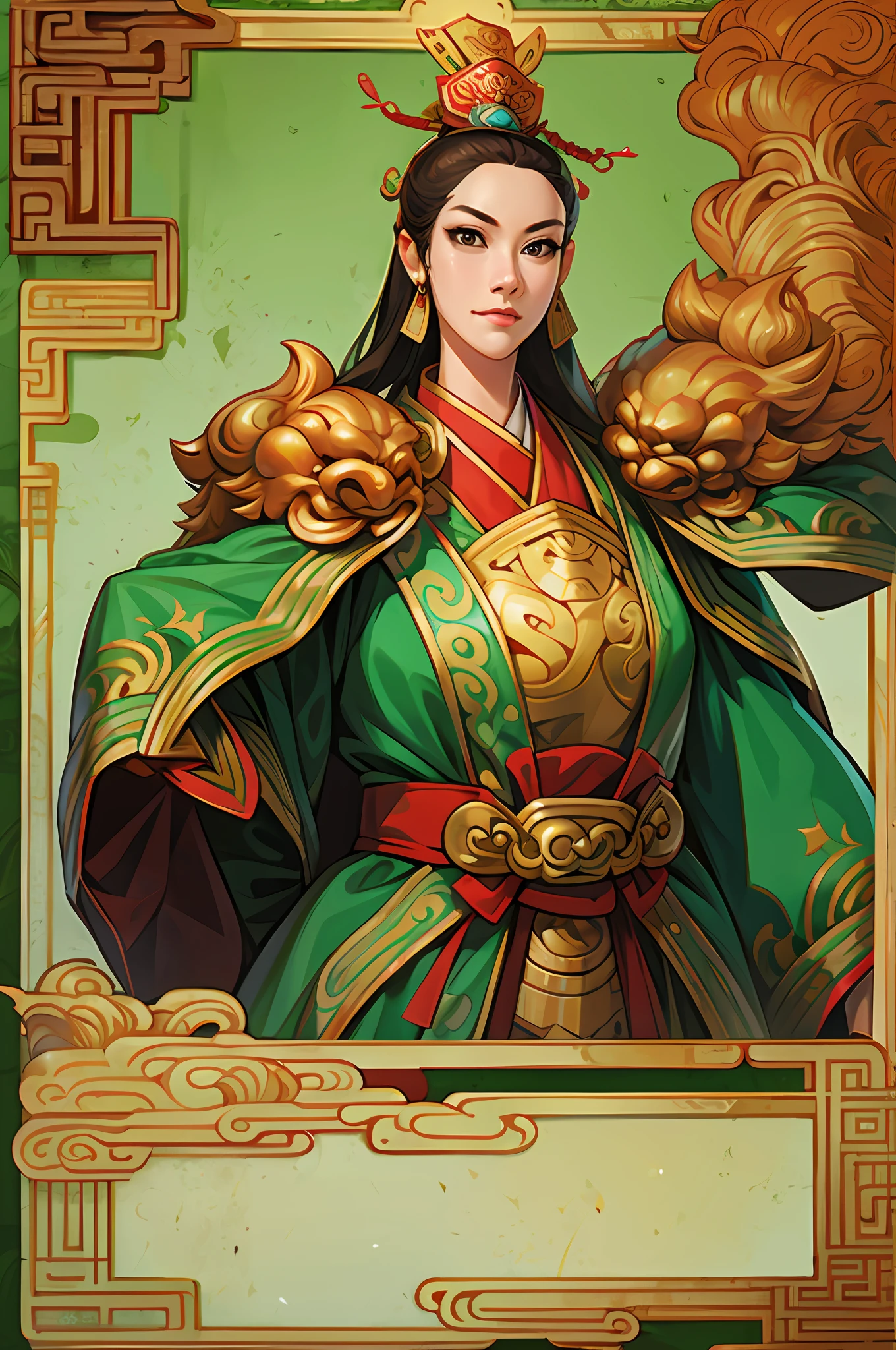 Card design，1female，Three Kingdoms killing style:1.2，Ancient Chinese background，A meticulous face，Clear face，Full body like，Card background、对称，High picture quality，tmasterpiece，best qualtiy，超高分辨率