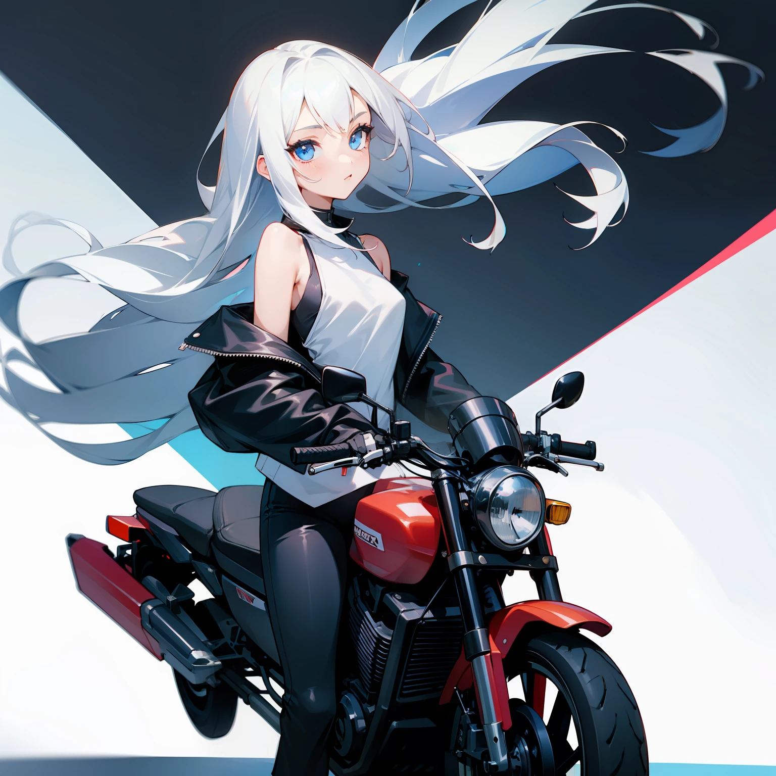 1 girl, beautiful face, cool vibes, white shoulder length hair, wear a motorcycle leather jacket, black pants