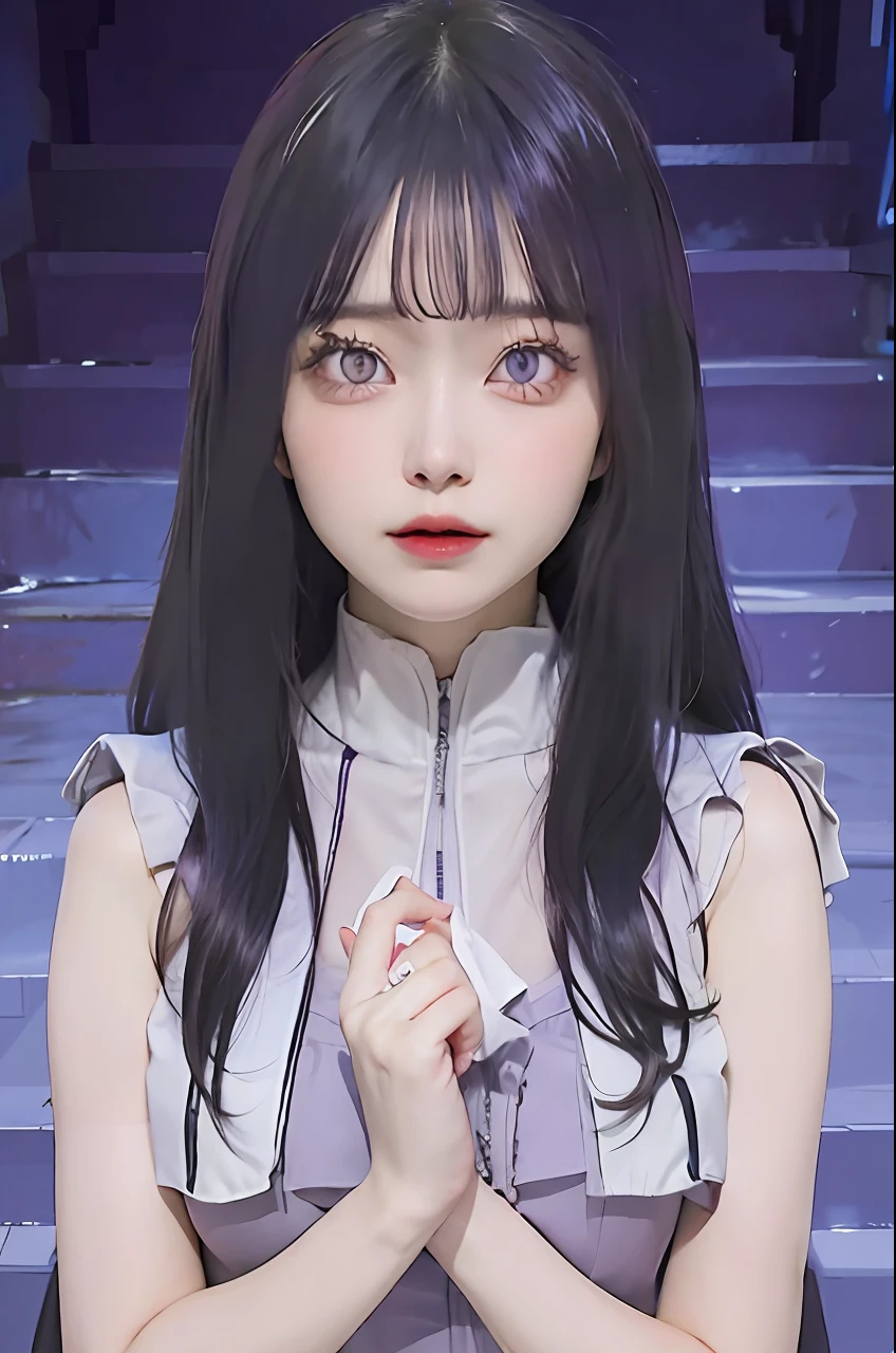 1girl, hyuga hinata, purple hair, white eyes, long hair, purple clothes, big breasts, realistic, ultra detail, indoor background