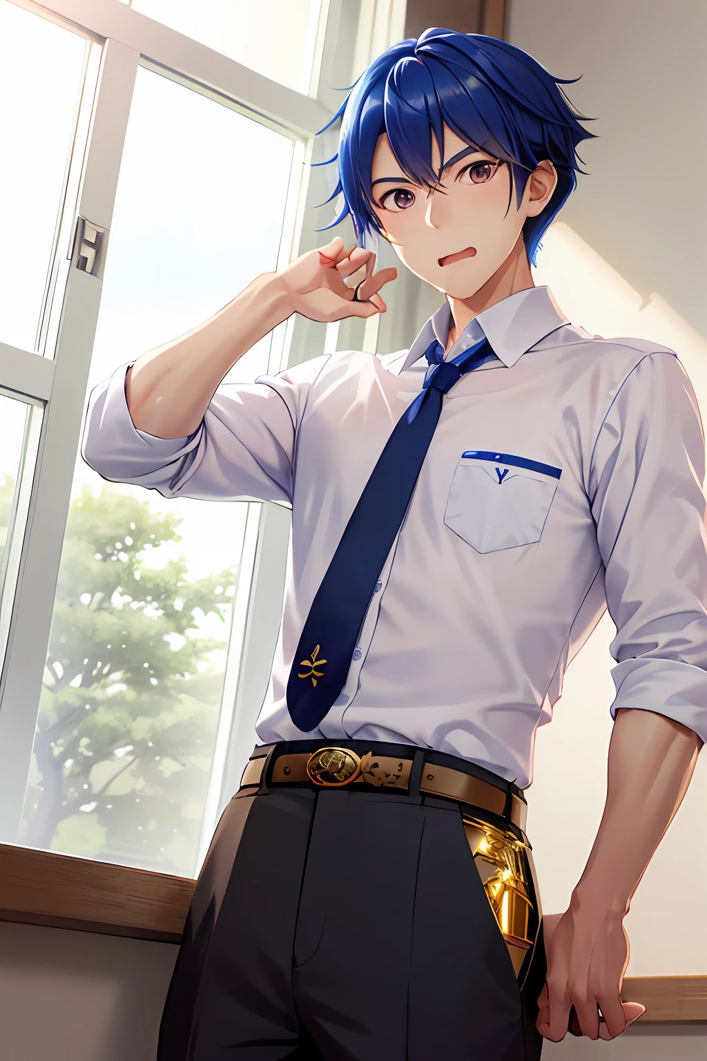 (1 Adult male),A high resolution, Sharp focus, Pixiv masterpiece, ((Complicated details)), highly detailed, natsuki_subaru, 1 man, with her mouth open,drools,full bodyesbian, Golden eyes(eyes glowing), with short golden hair,white shirt,Wear a tie,Wear a belt,perspire,look from down
