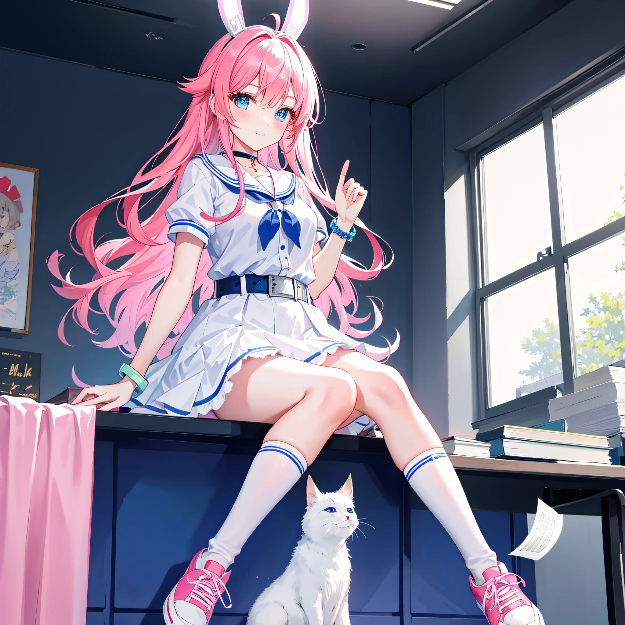 In the classroom,Beautiful Girls' High School,Brightly colored curls,Large, Bright round eyes,Clear blue eyes,Reddening cheeks,Flushing,White dress in minimalist style,Blue bow belt,ribbon on blue,Pink leather shoes and cartoon animal motif,Holding a book in his hand,Smart and curious eyes,Elegant posture and confident smile sweet、Lovely and young atmosphere,Wearing a cute bracelet,pendant,choker necklace,head gear。Wear over-the-knee socks,Leg socks,athletic sneakers。Falling debris and paper。Masterpiece, Best quality, HD, 8K, A high resolution, Super resolution,