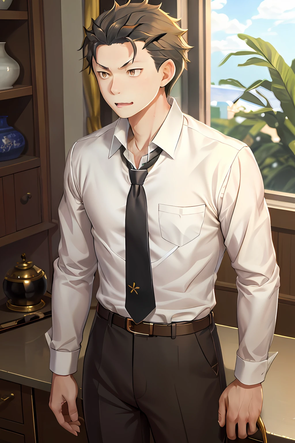 （1 Adult male），A high resolution， Sharp focus， Pixiv masterpiece， （（Complicated details））， highly  detailed， natsuki_subaru， 1 man， with her mouth open，drools，full bodyesbian， Golden eyes（eyes glowing）， with short golden hair，white  shirt，Wear a tie，Wear a belt，perspire，look from down